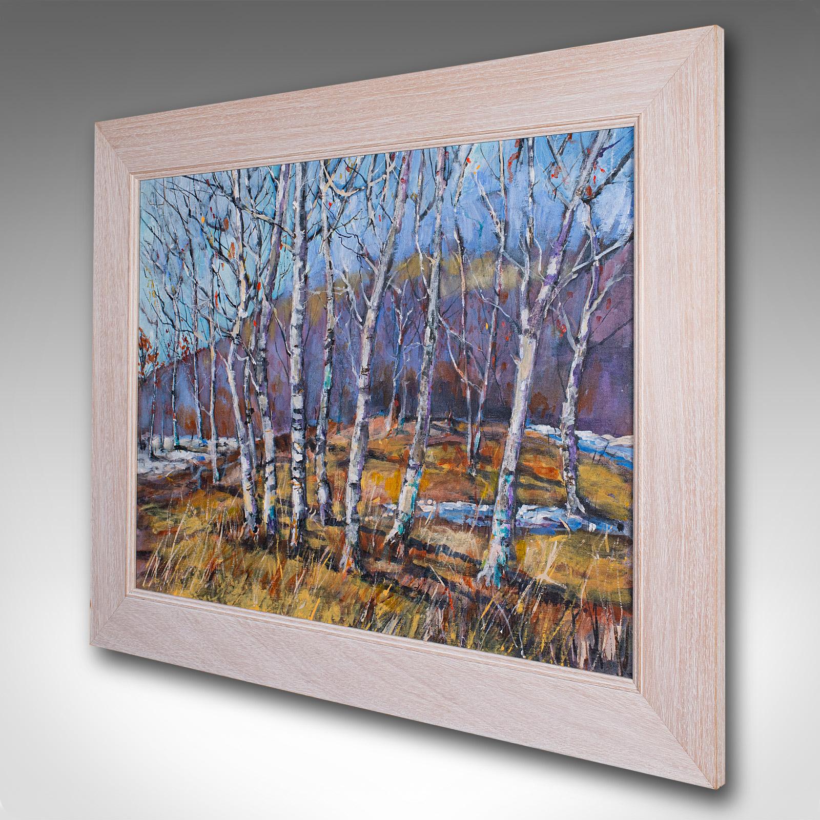 Mid-Century moderno Quadro di paesaggio contemporaneo incorniciato, inglese, olio, arte, immagine, bosco in vendita