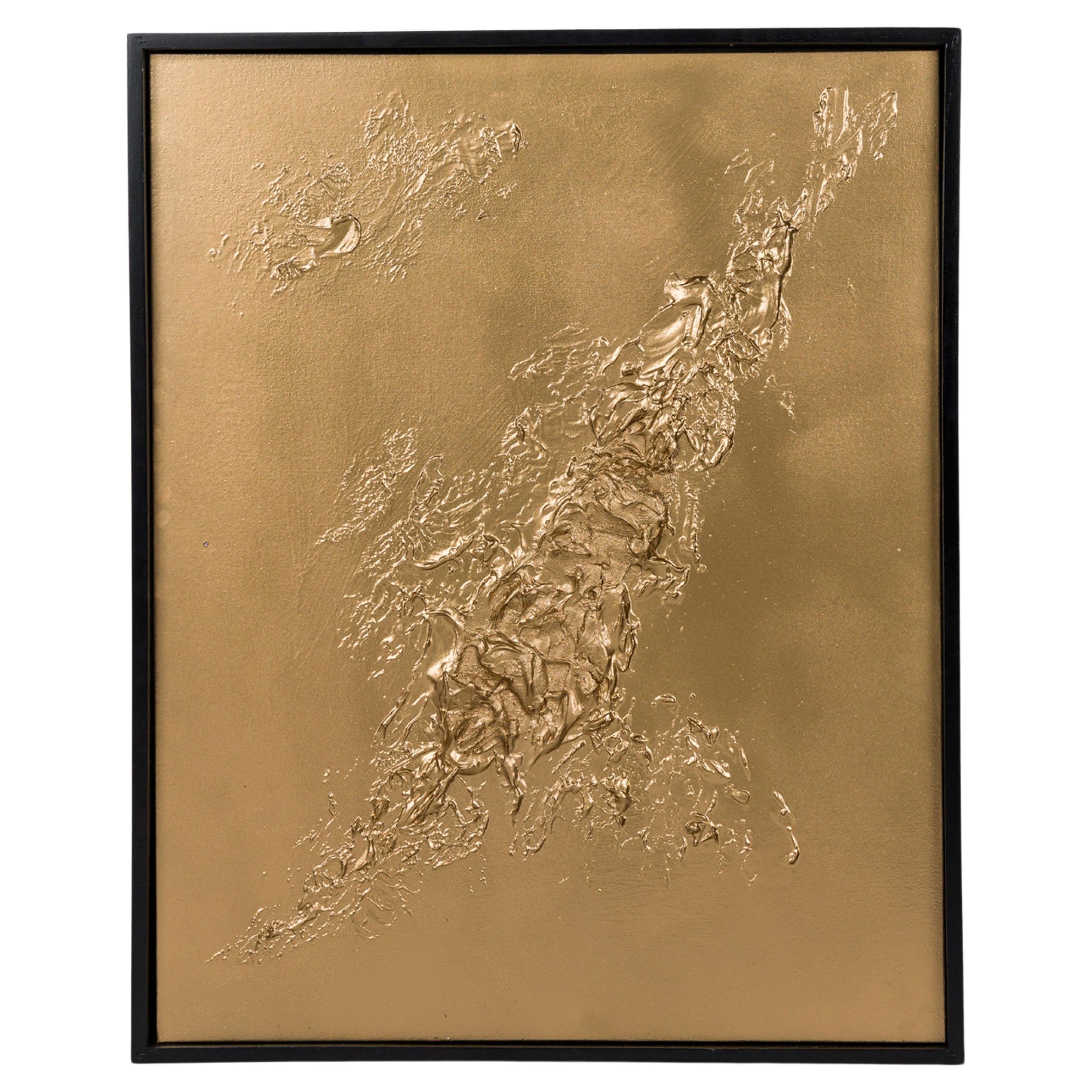 Cuadro abstracto dorado de técnica mixta contemporánea enmarcado Barbara Kisko en venta