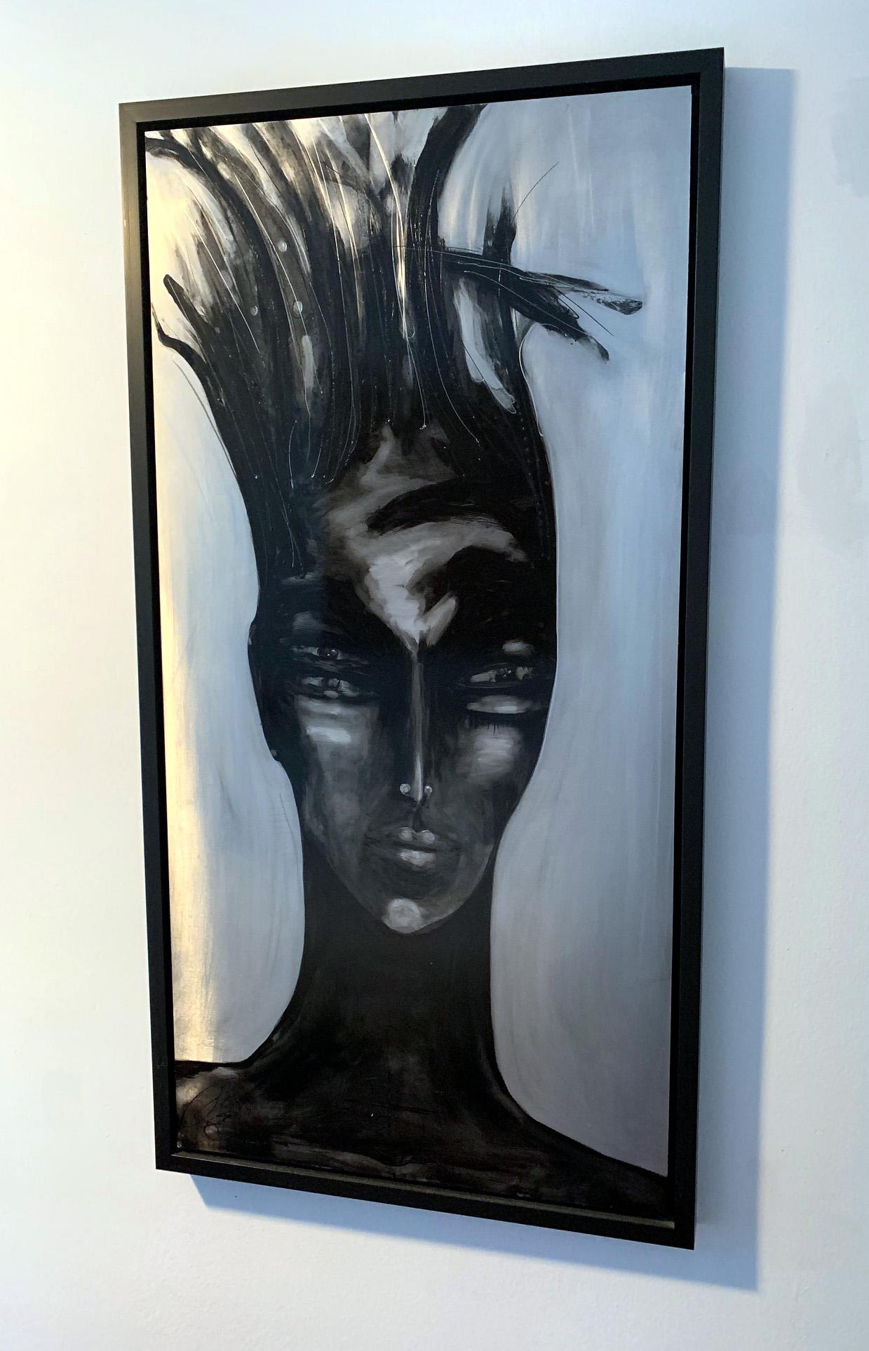 Medium: Paint on Aluminum with lacquer in wood frame
Title: Woman Focused
Artist: Marie-Josée Roy (Canadian) 
Measurement: 26.5
