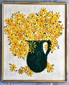 Framed Crewel Embroidery "Yellow Flowers in Green Pitcher", 1960's