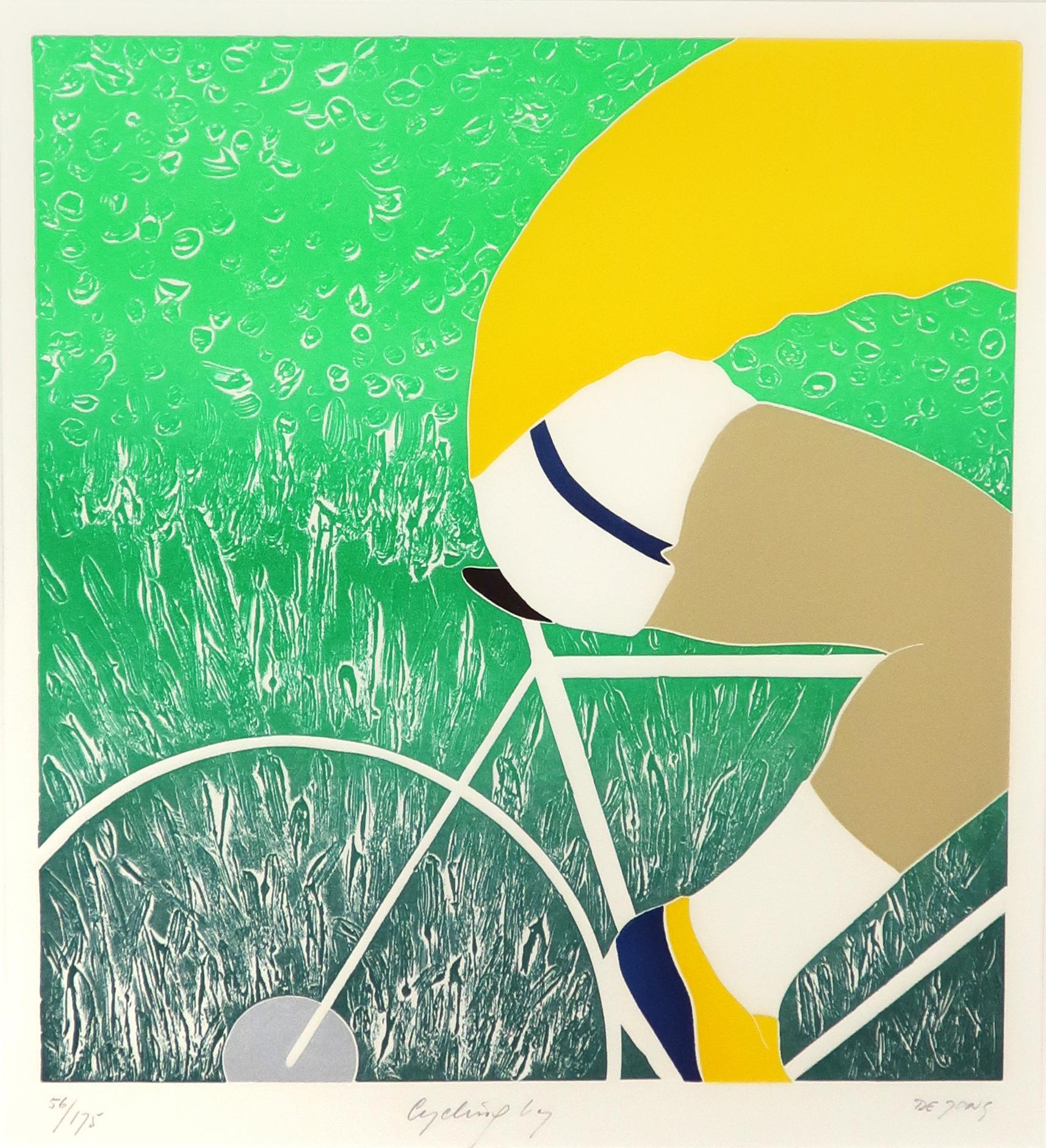 A late mid-century modern serigraph by Dutch NYC-based artist, Thom De Jong. Green, yelow, and blue, and signed and numberd by the artist in pencil. Number 56 in an edition of 175. Sticker on reverse shows it was produced by 
