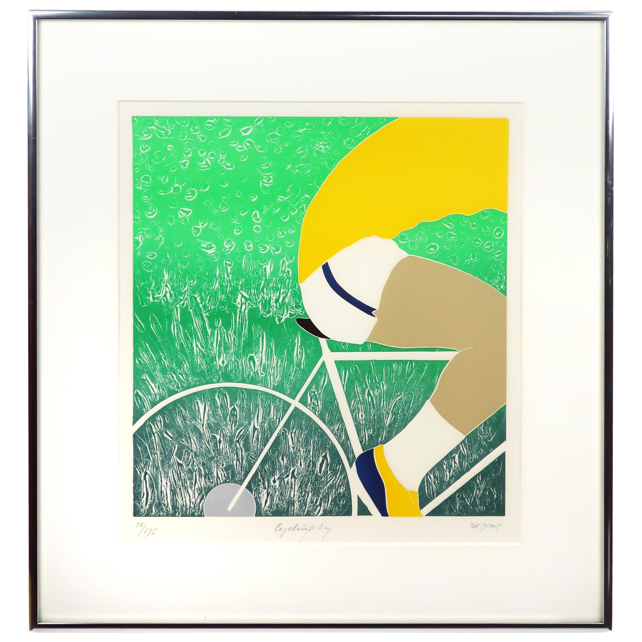 Framed "Cycling By" Thom De Jong Serigraph
