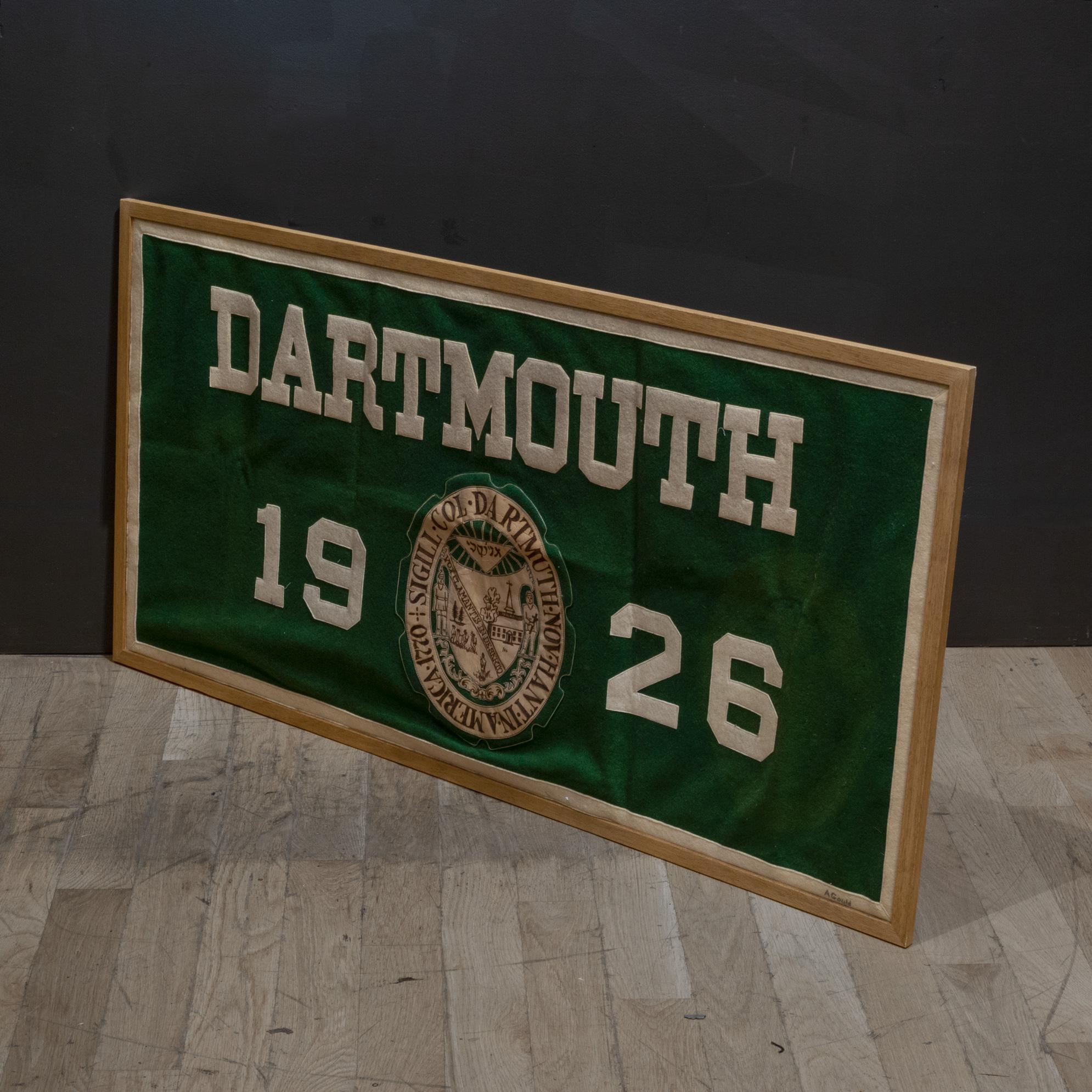 About
An original framed Dartmouth College wall banner signed by original owner.

Date of manufacture circa 1926.
Materials and techniques felt, wood.
Condition good. Wear consistent with age and use. Several small moth holes.
Dimensions H