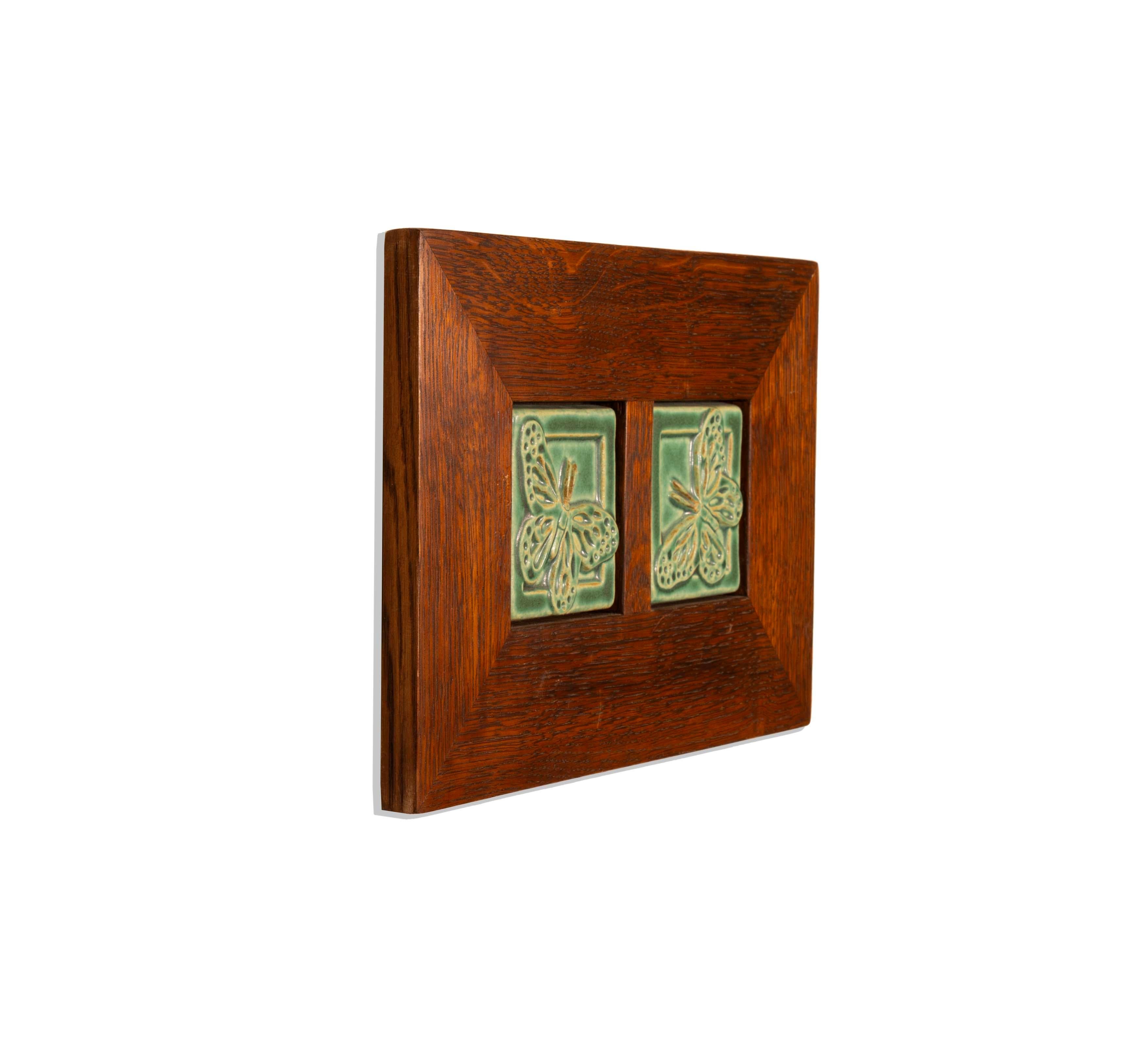 Mid-Century Modern Framed Double Pewabic Butterfly Tiles Mid Century Modern Stamped For Sale