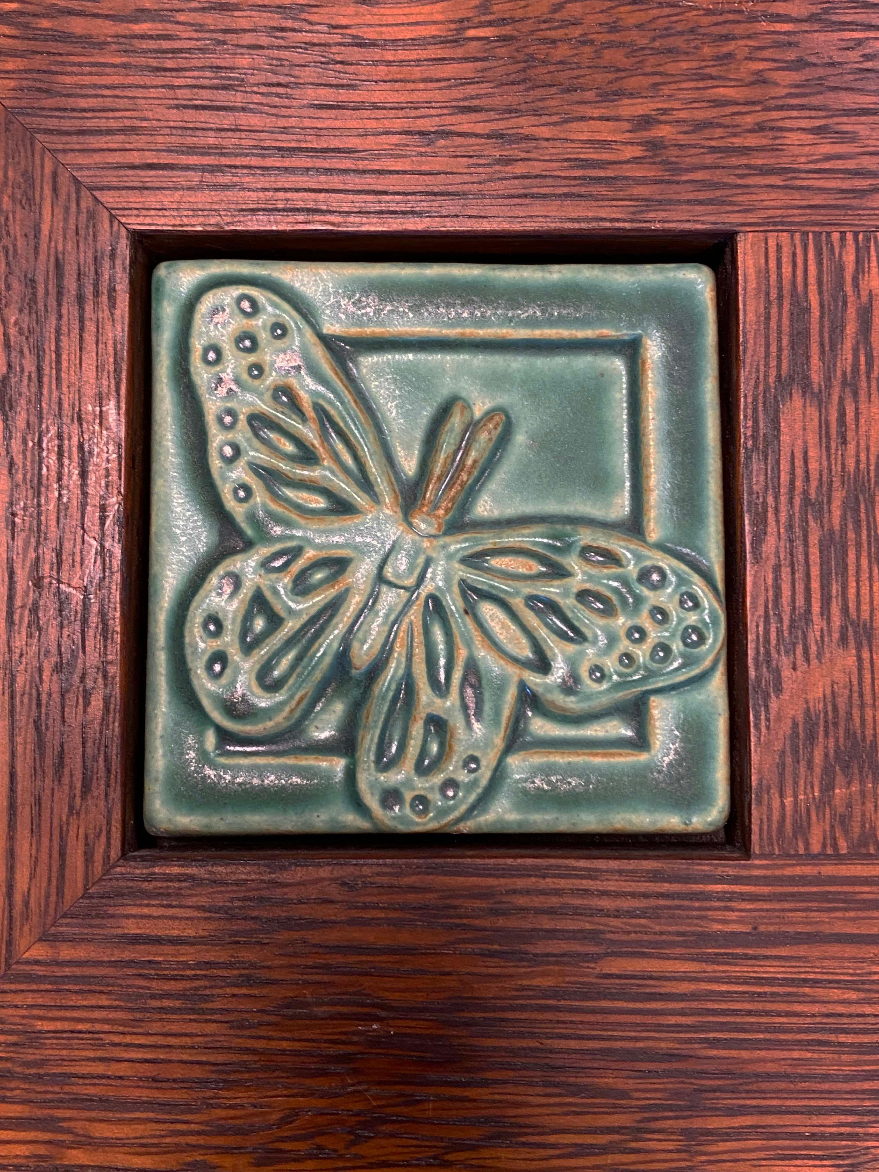 20th Century Framed Double Pewabic Butterfly Tiles Mid Century Modern Stamped For Sale