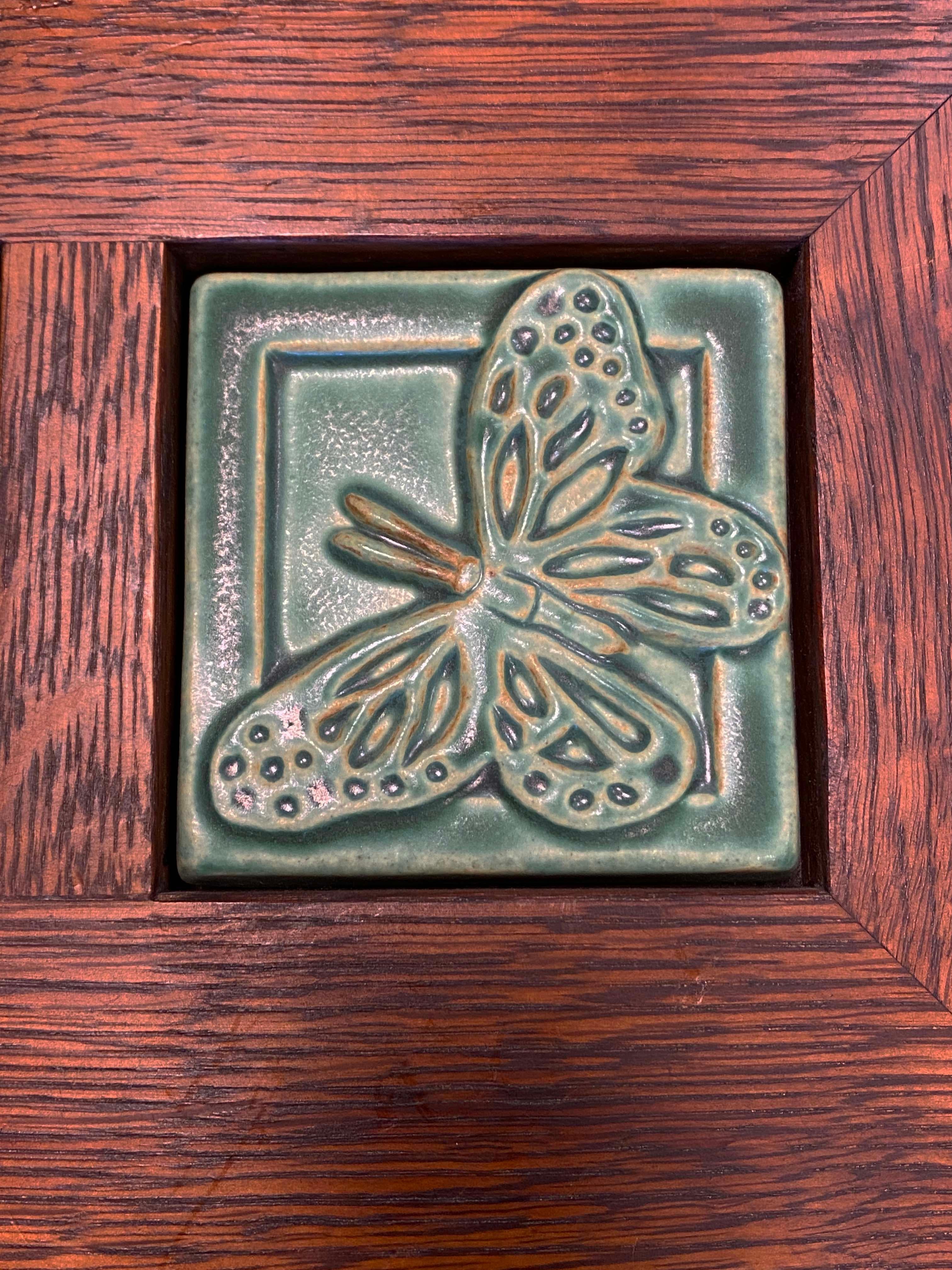 Ceramic Framed Double Pewabic Butterfly Tiles Mid Century Modern Stamped For Sale