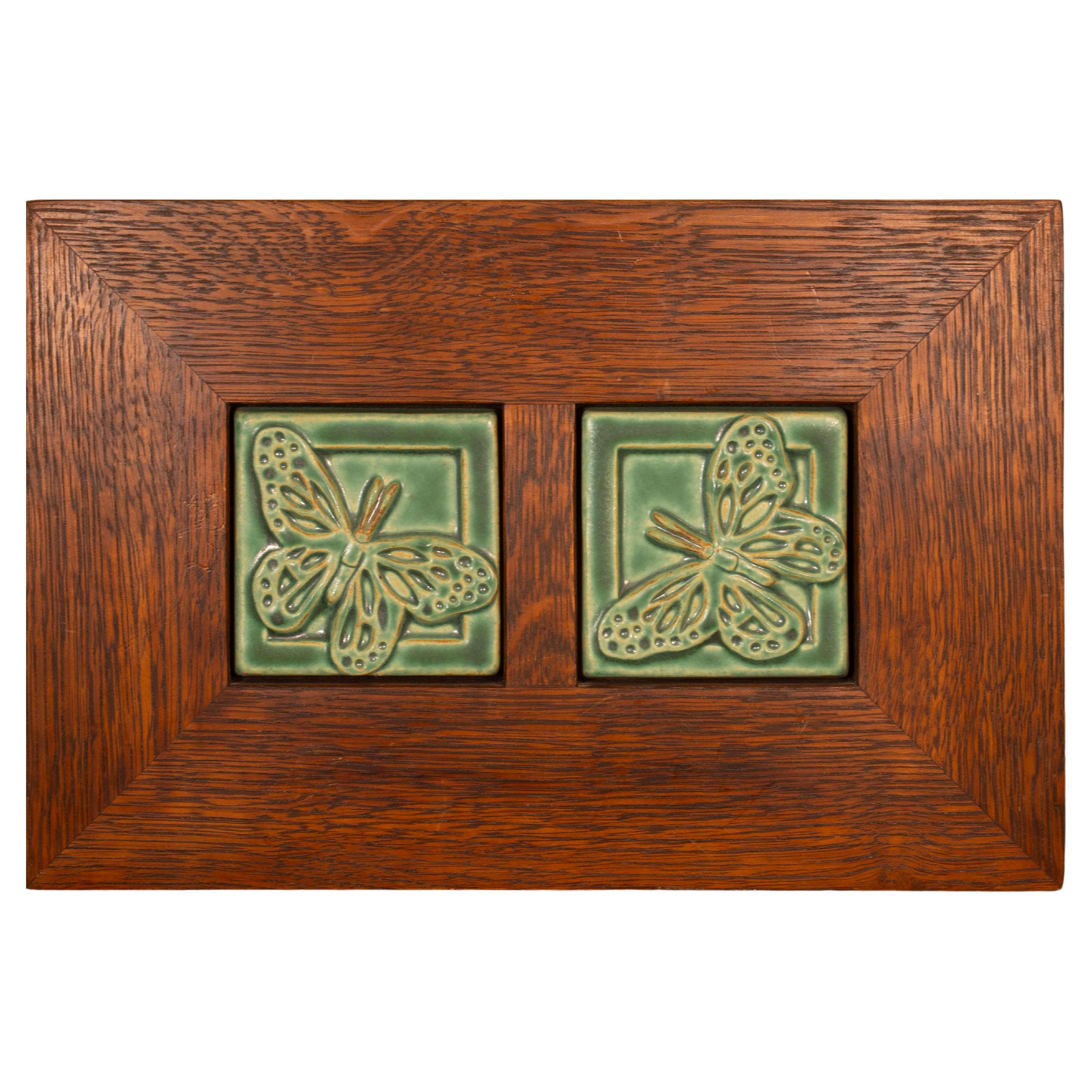 Framed Double Pewabic Butterfly Tiles Mid Century Modern Stamped For Sale