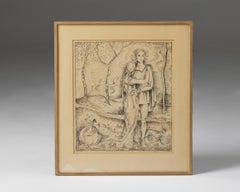 Framed Drawing ‘Couple in a Spring Landscape’ by Vicke Lindstrand, Sweden, 1950s