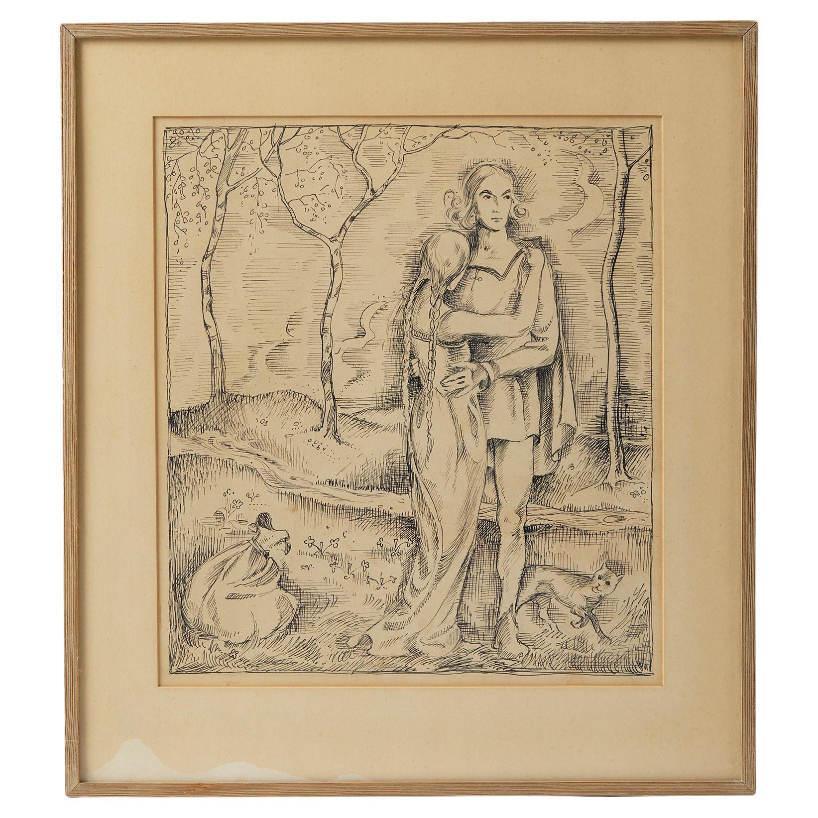 Disegno incorniciato 'Coppia in un paesaggio primaverile' di Vicke Lindstrand, Svezia, anni '50