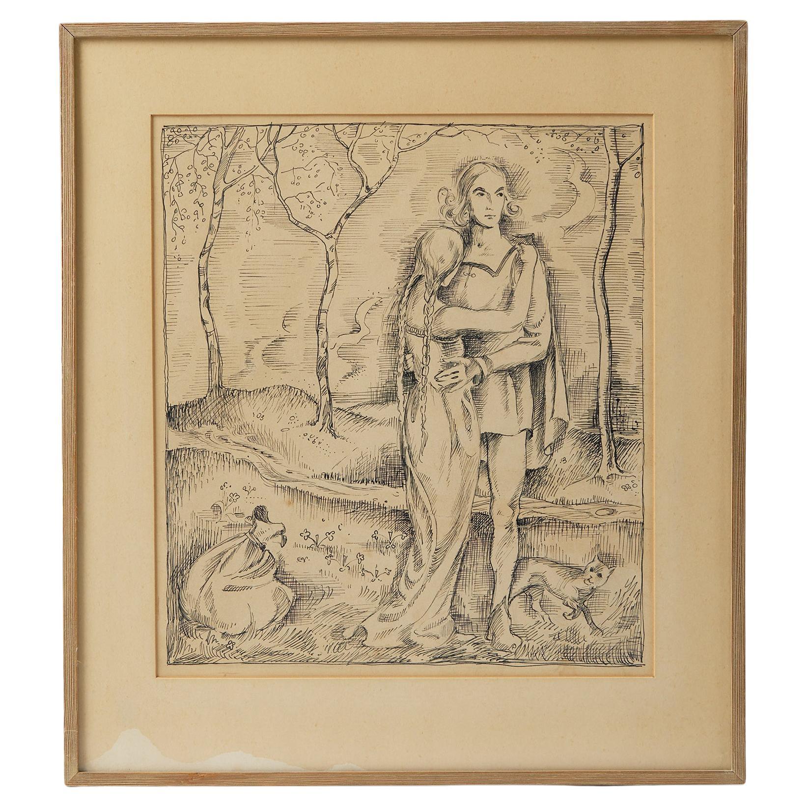 Framed Drawing ‘Couple in a Spring Landscape’ by Vicke Lindstrand, Sweden, 1950s For Sale