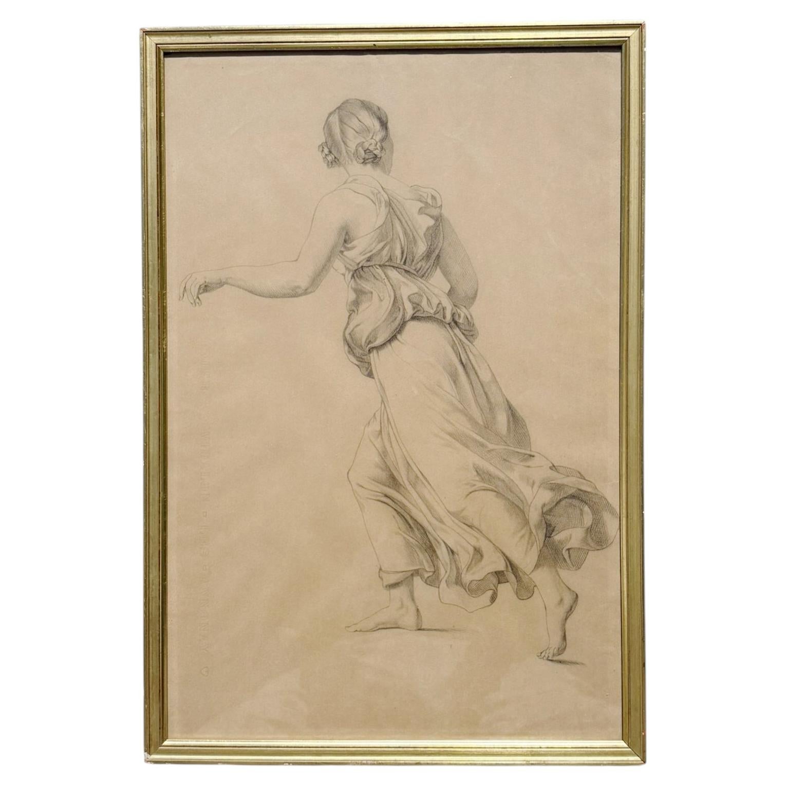 Dibujo enmarcado de una mujer, firmado, Francia, XIX