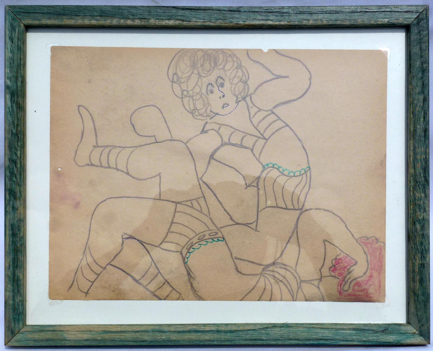 American Framed drawing of two women wrestling by the late Outsider Artist Lewis Smith For Sale