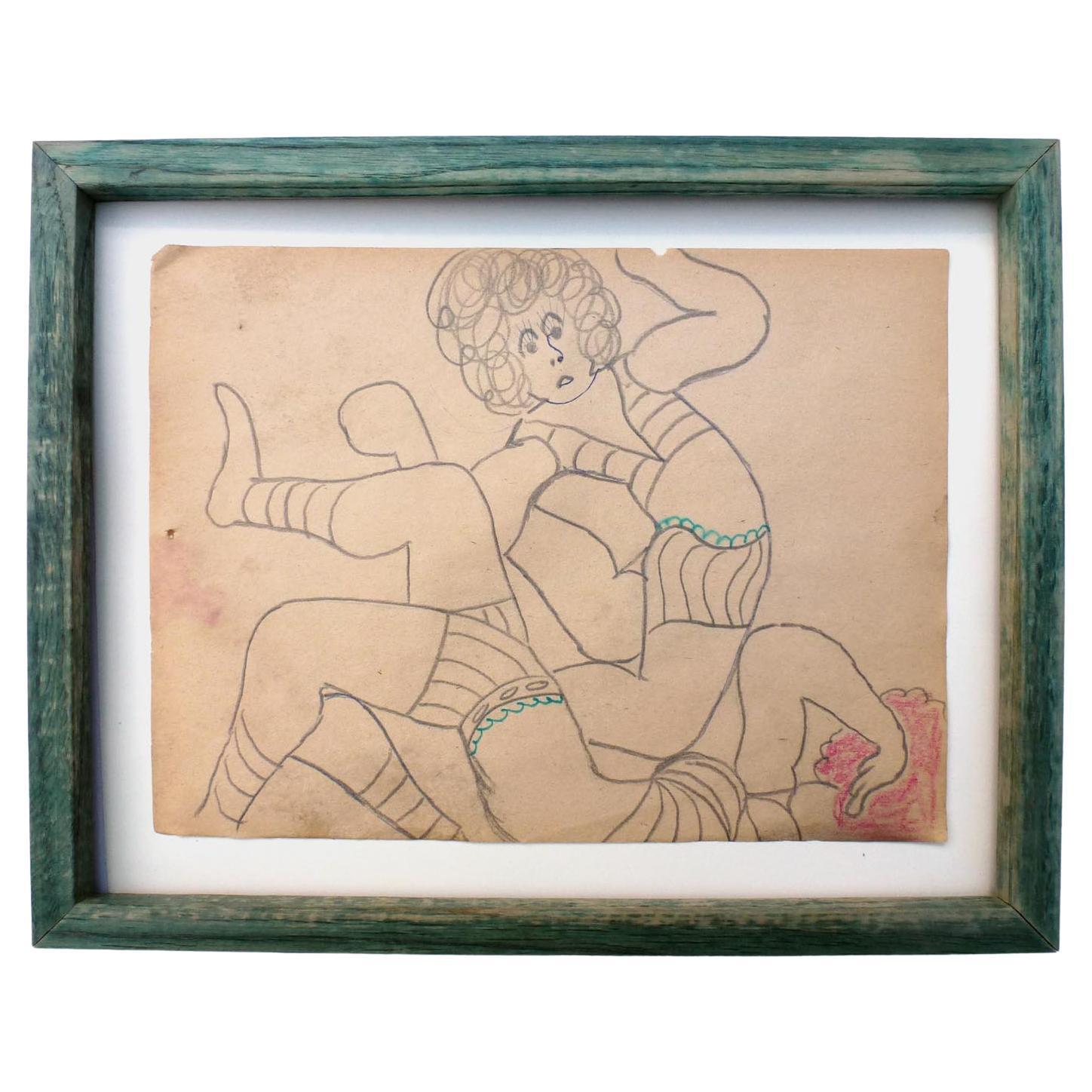 Framed drawing of two women wrestling by the late Outsider Artist Lewis Smith For Sale