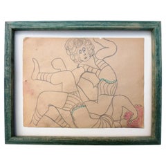 Framed drawing of two women wrestling by the late Outsider Artist Lewis Smith
