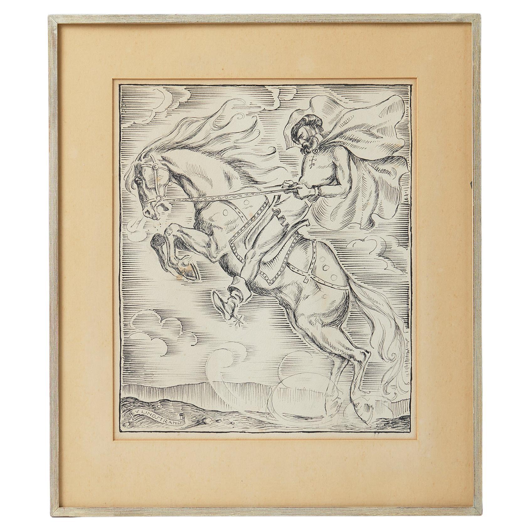 Dessin encadré " Cavalier dans un paysage de printemps " par Vicke Lindstrand, Suède, années 1950 en vente