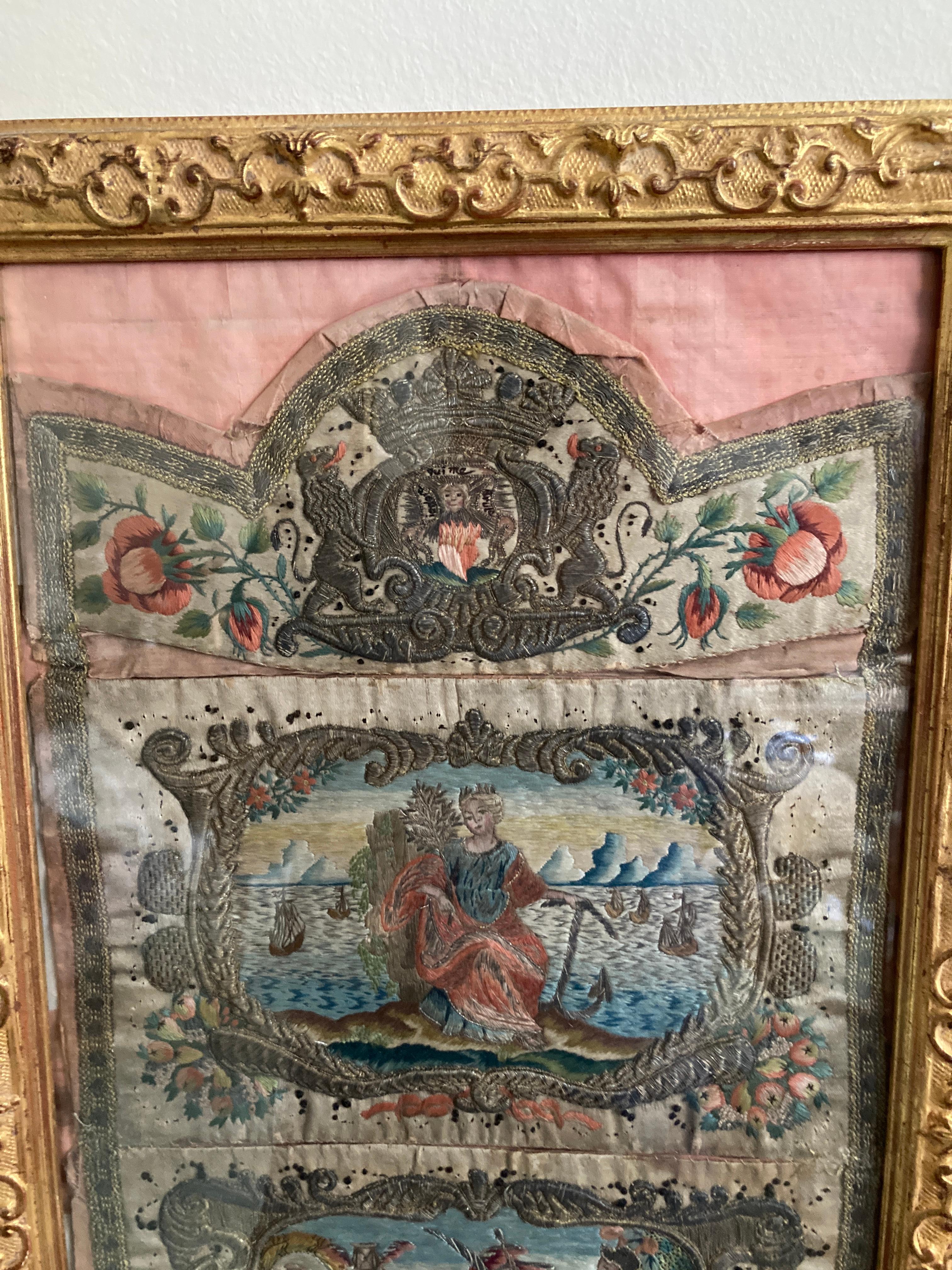 Rococo Framed Dutch 18th Century Silk and Metal Thread Embroidery  For Sale