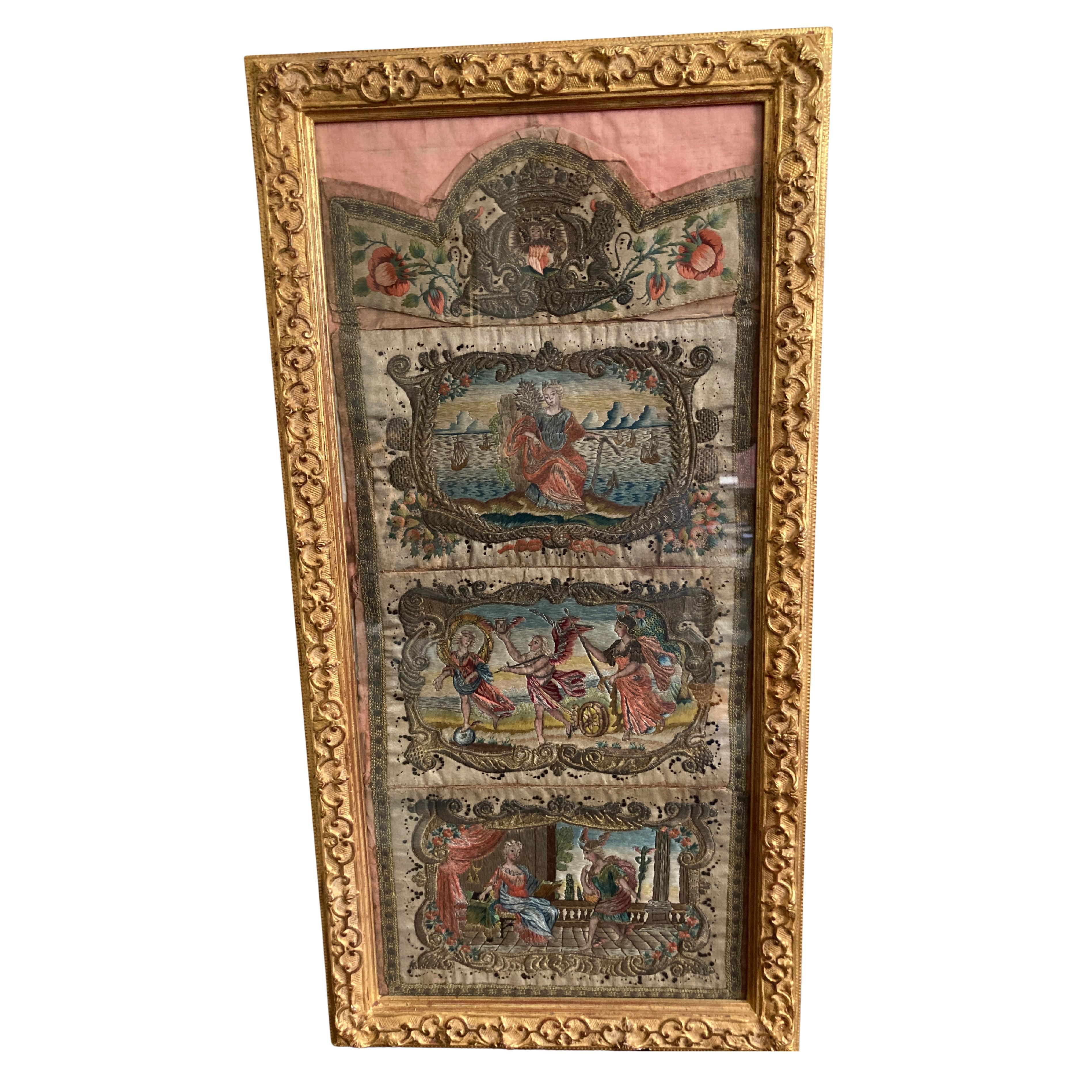 Encadré, broderie hollandaise du 18ème siècle en soie et fil de métal  en vente