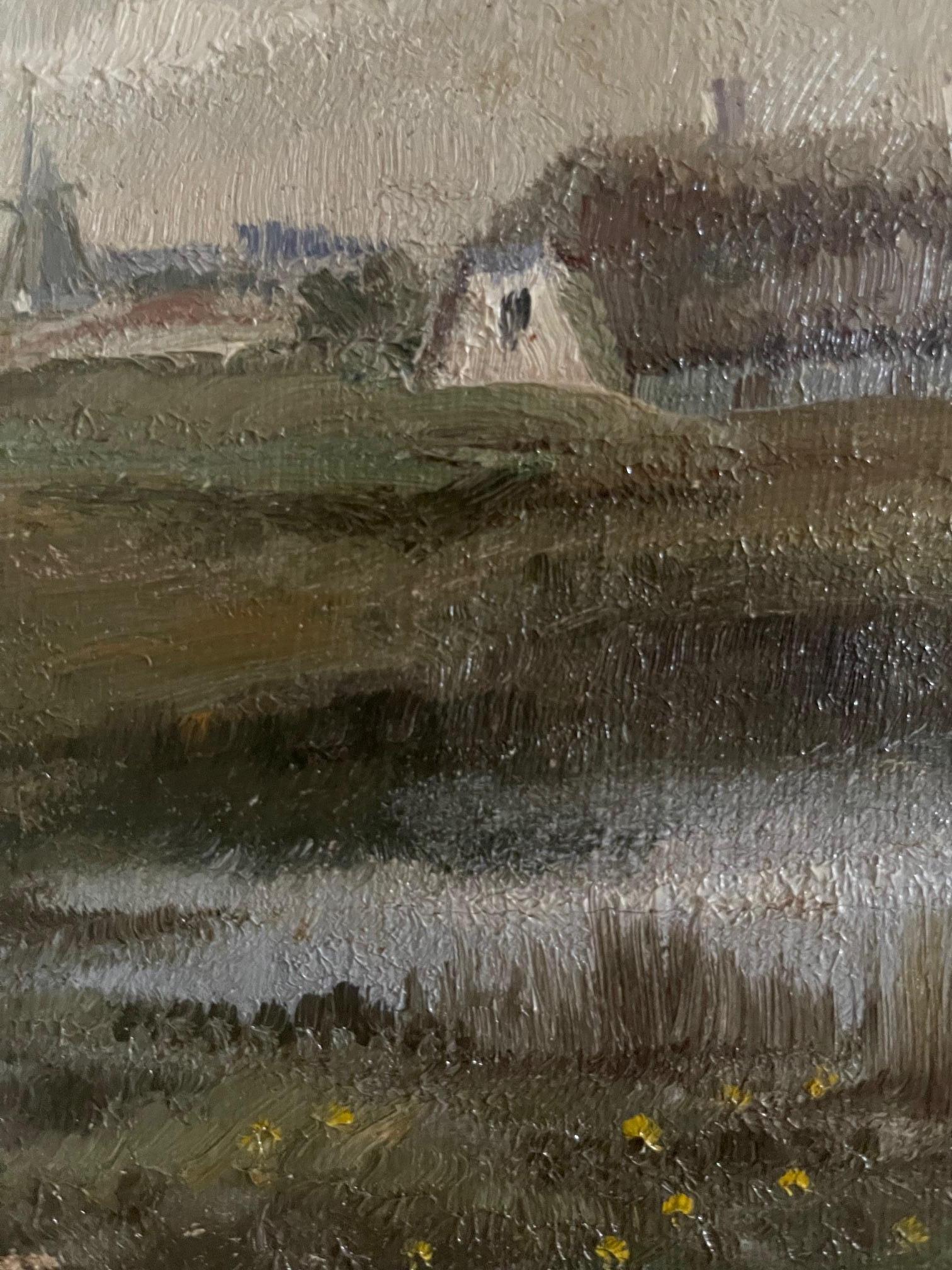 Gerahmtes niederländisches Ölgemälde auf Leinwand mit der Darstellung einer Landschaft mit Windmühle, 19. Jahrhundert 6