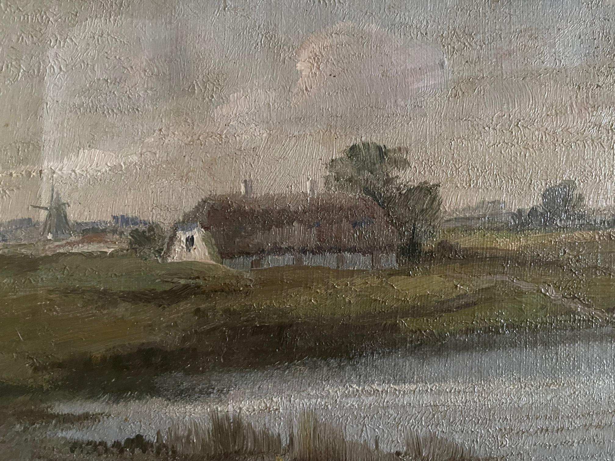Gerahmtes holländisches Öl auf Leinwand, das eine Landschaft mit einer Windmühle darstellt, 19. Jahrhundert.  Unterzeichnete SC oder CS