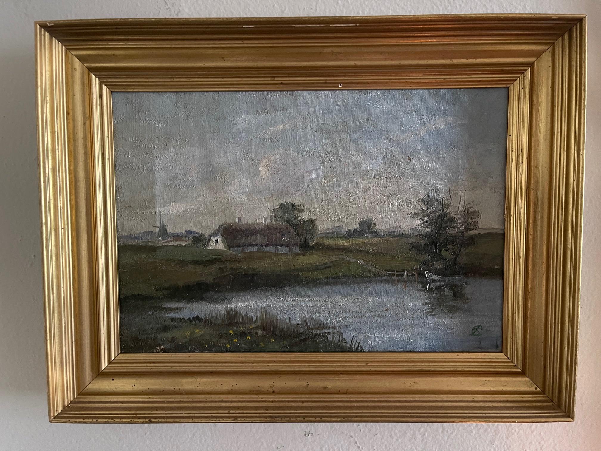 Gerahmtes niederländisches Ölgemälde auf Leinwand mit der Darstellung einer Landschaft mit Windmühle, 19. Jahrhundert (Niederländisch)