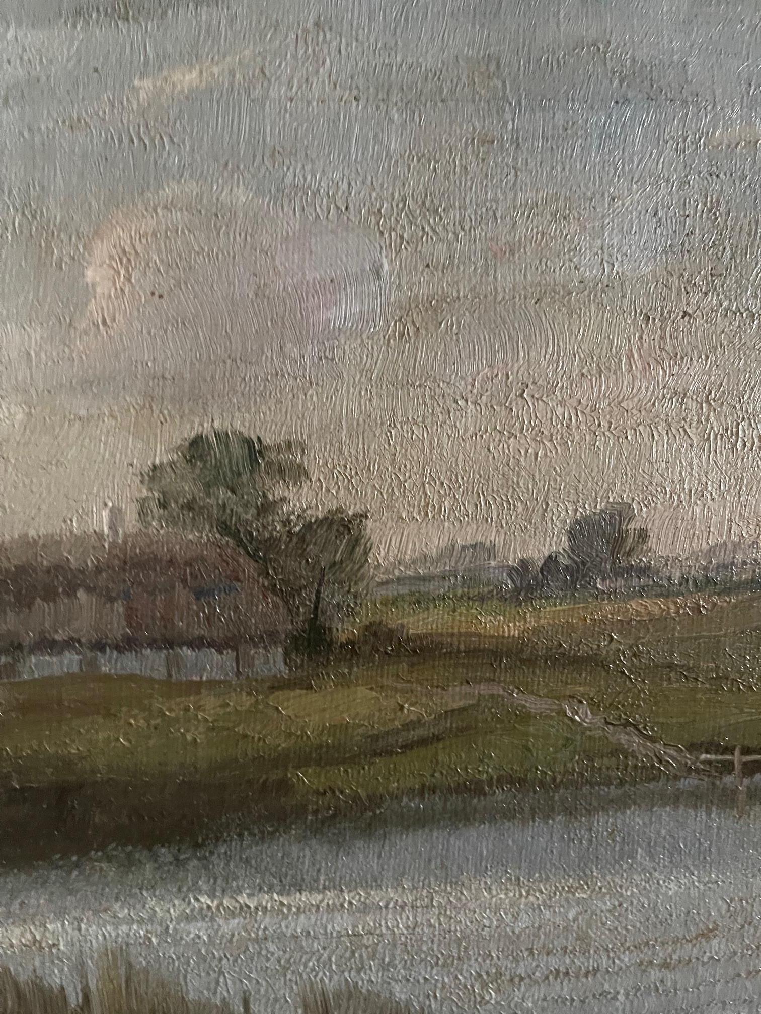 Gerahmtes niederländisches Ölgemälde auf Leinwand mit der Darstellung einer Landschaft mit Windmühle, 19. Jahrhundert 2