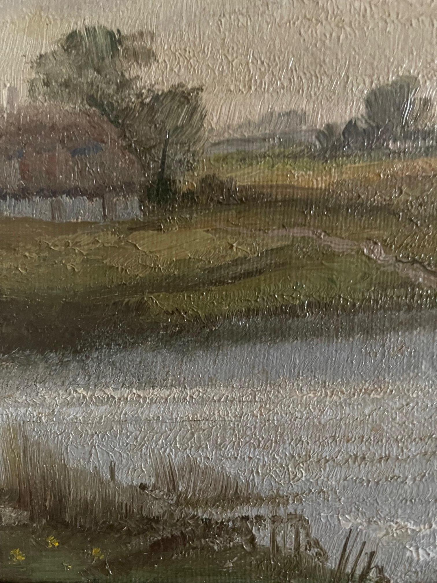 Gerahmtes niederländisches Ölgemälde auf Leinwand mit der Darstellung einer Landschaft mit Windmühle, 19. Jahrhundert 5