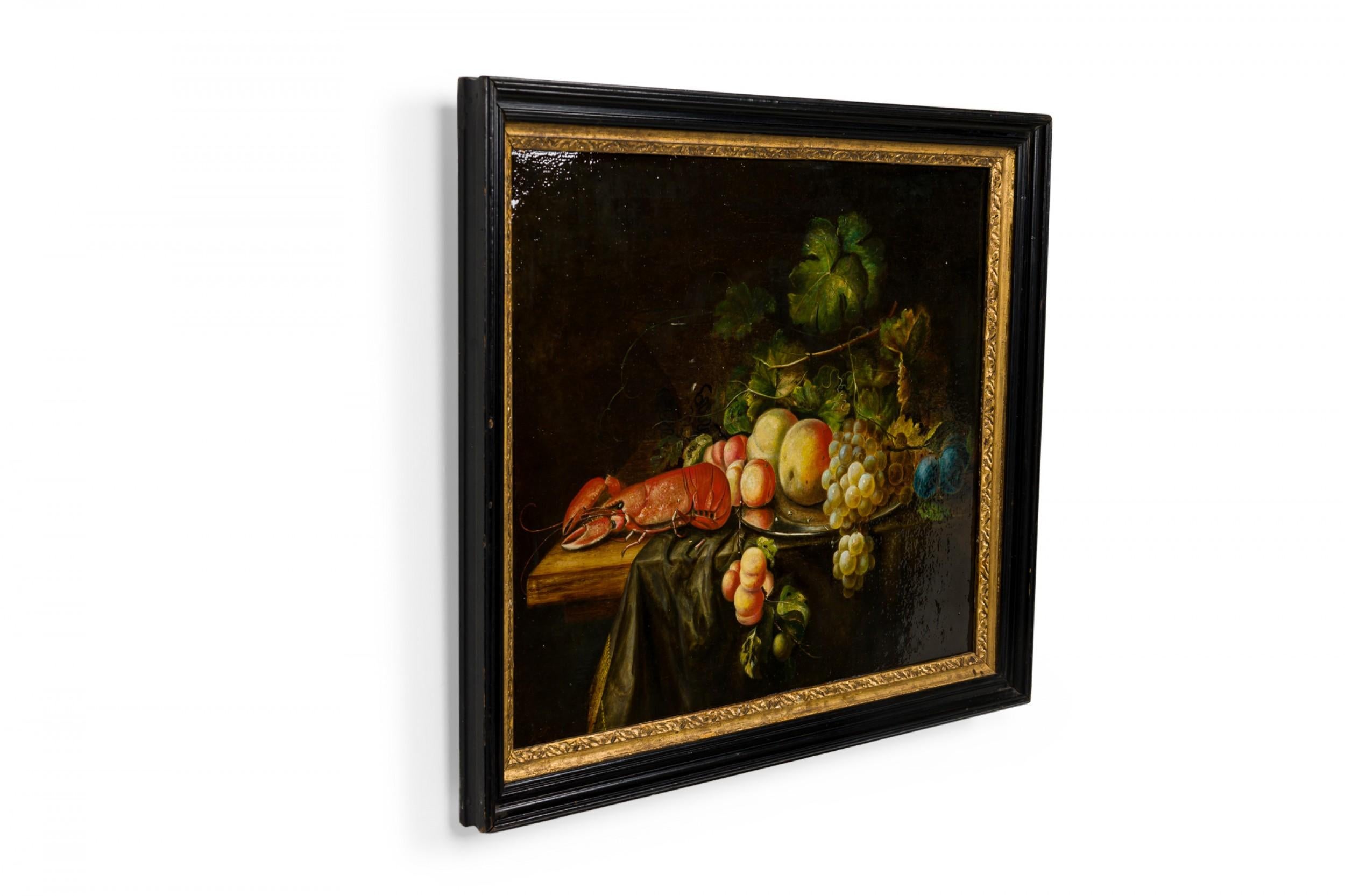 Dutch (19th Century) still life oil painting depicting robust grapes, peaches, plums and lobster on a wood table with shadowed green leaves in a dimly lit, atmospheric composition on canvas with an applied glossy varnish and mounted in a black,