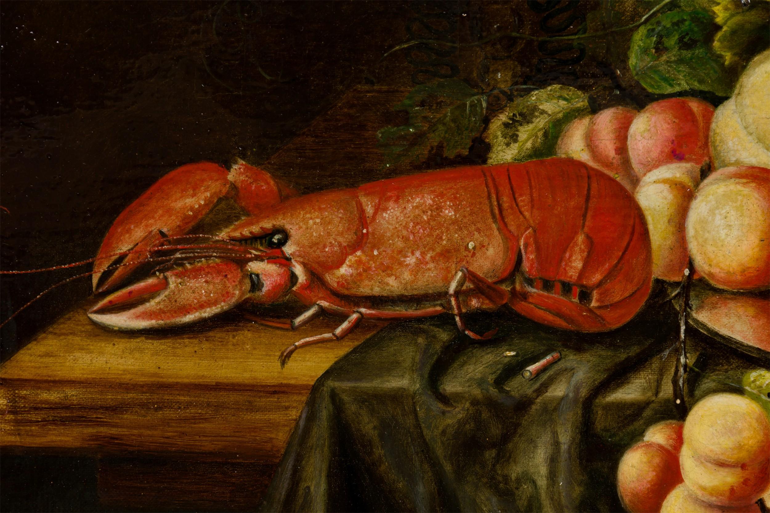 Biedermeier Framed Dutch Still Life Fruit and Lobster Oil Painting For Sale