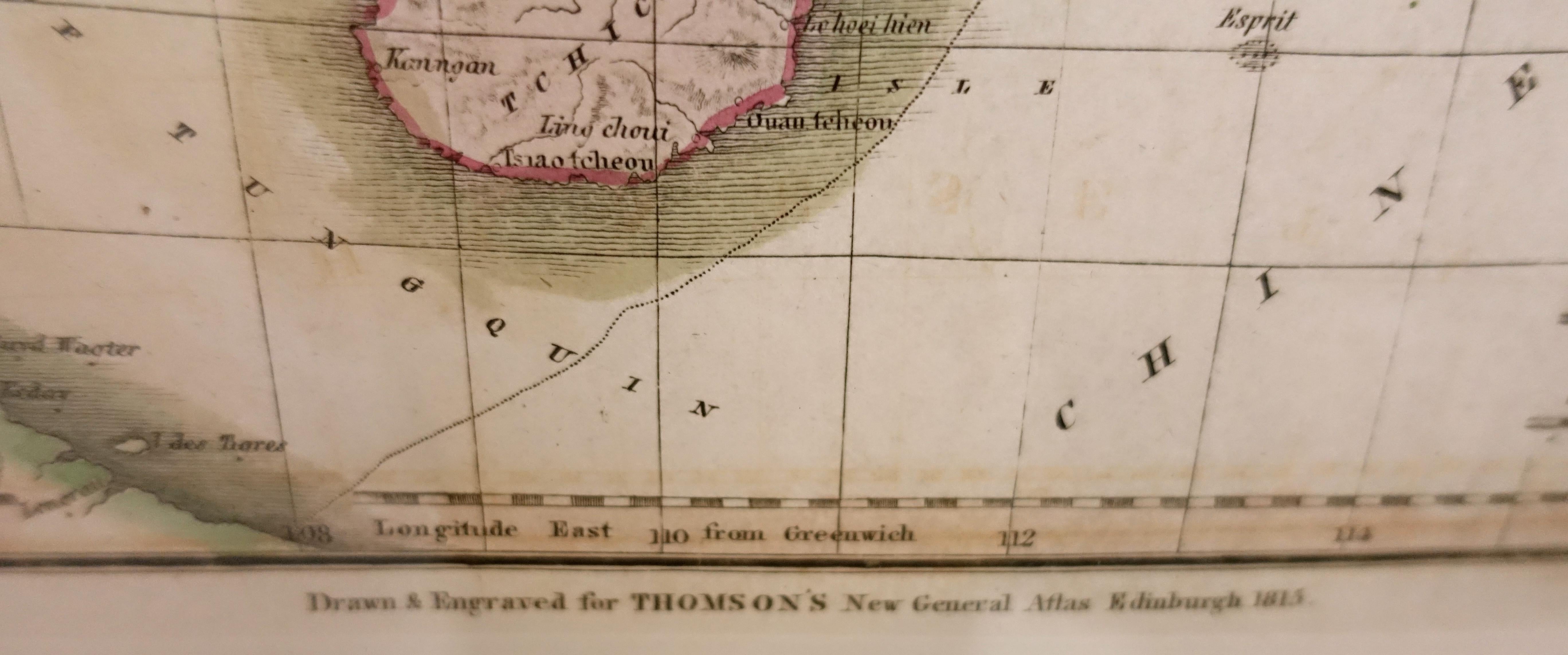 Hand drawn and tinted engraved map of China dated 1815 
Created for Thomson's New General Atlas
Edinburgh
Beautifully framed with a linen covered mat.