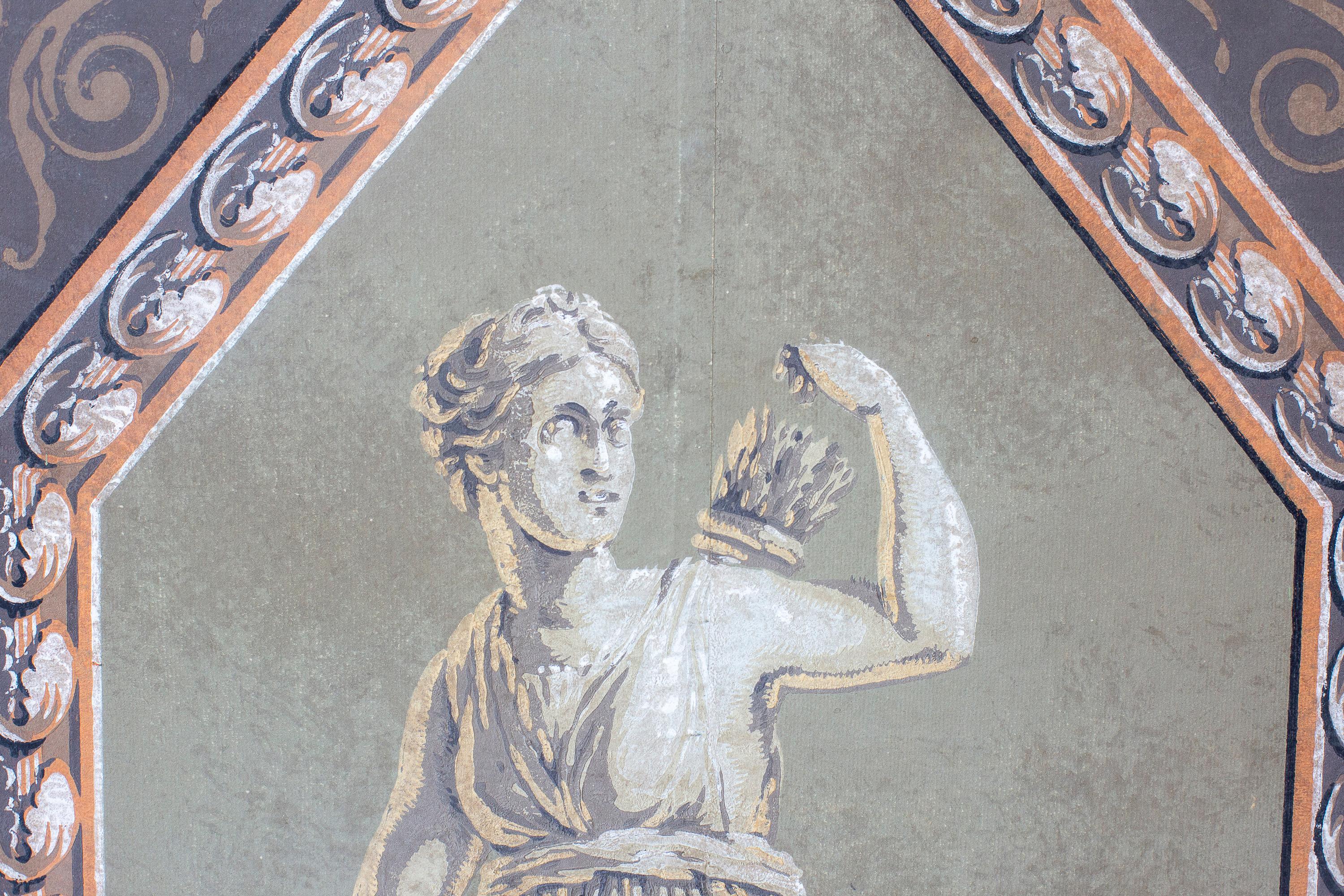 Ein gerahmtes französisches Handblocktapeten-Paneel aus dem frühen 19. Jahrhundert, das Artemis darstellt.

Artemis war die Göttin der Natur, der wilden Tiere, der Übergänge, der Kinderpflege, der Heilung und der Fruchtbarkeit.  Man sagte, sie