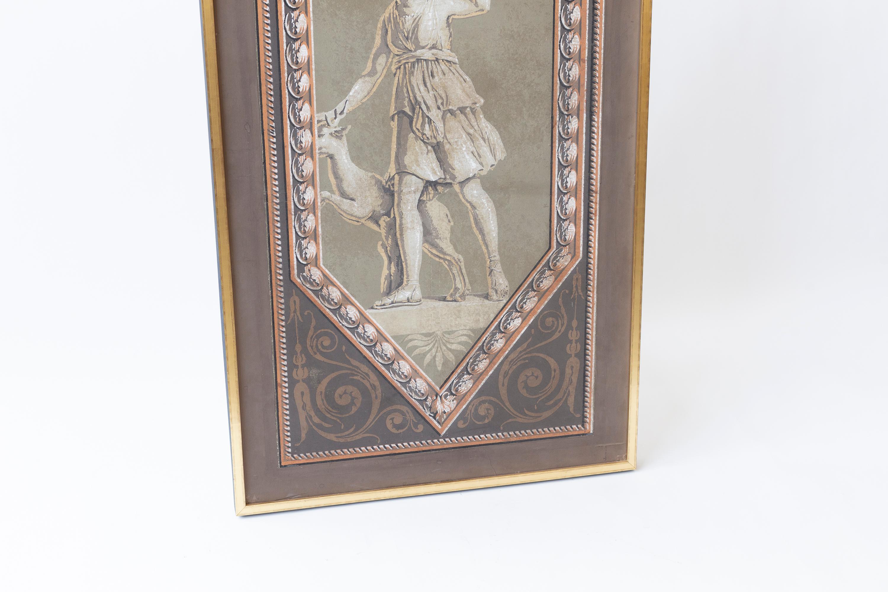 Gerahmte französische Handblocktapete des frühen 19. Jahrhunderts mit Artemis im Zustand „Gut“ im Angebot in New York, NY