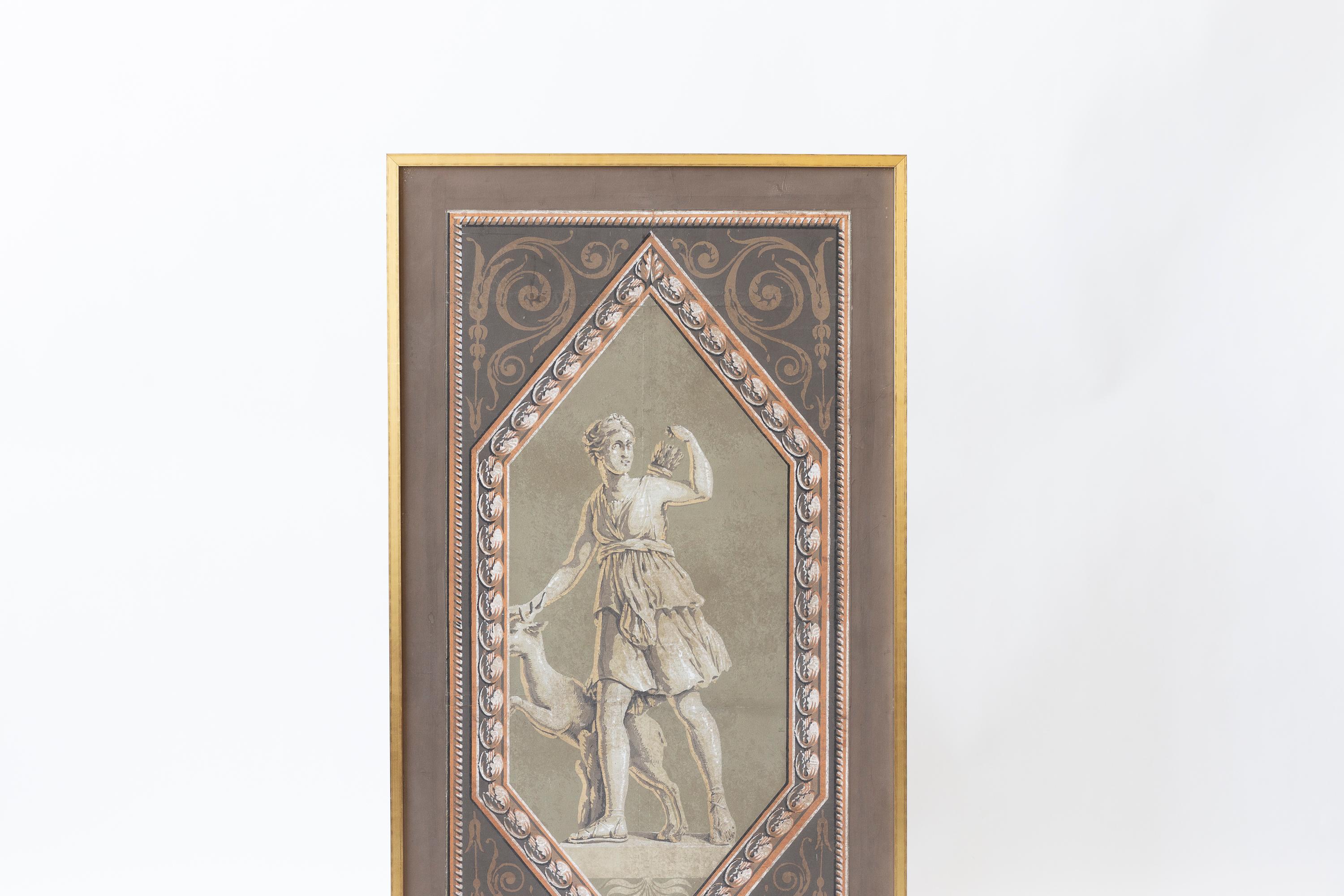 Gerahmte französische Handblocktapete des frühen 19. Jahrhunderts mit Artemis (Farbe) im Angebot