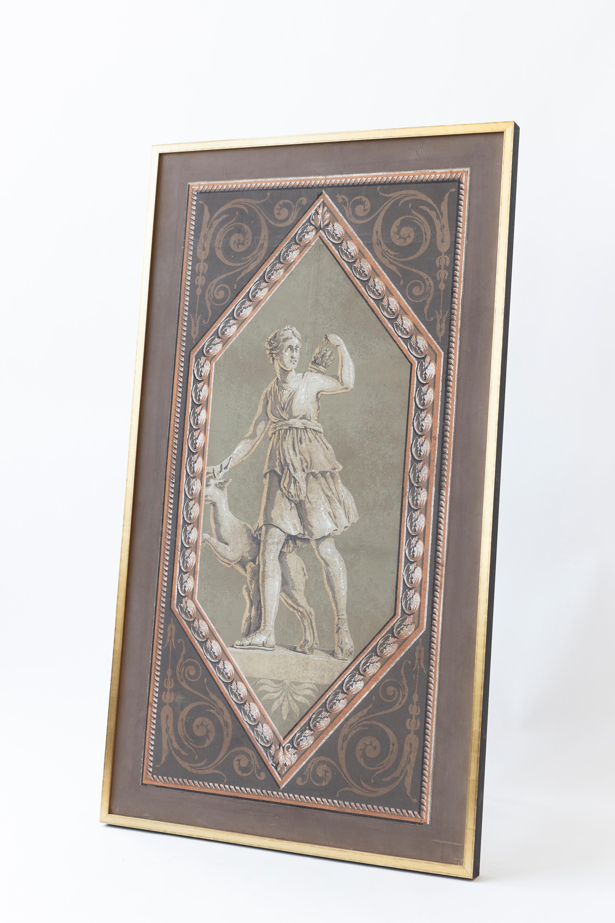 Gerahmte französische Handblocktapete des frühen 19. Jahrhunderts mit Artemis im Angebot 1