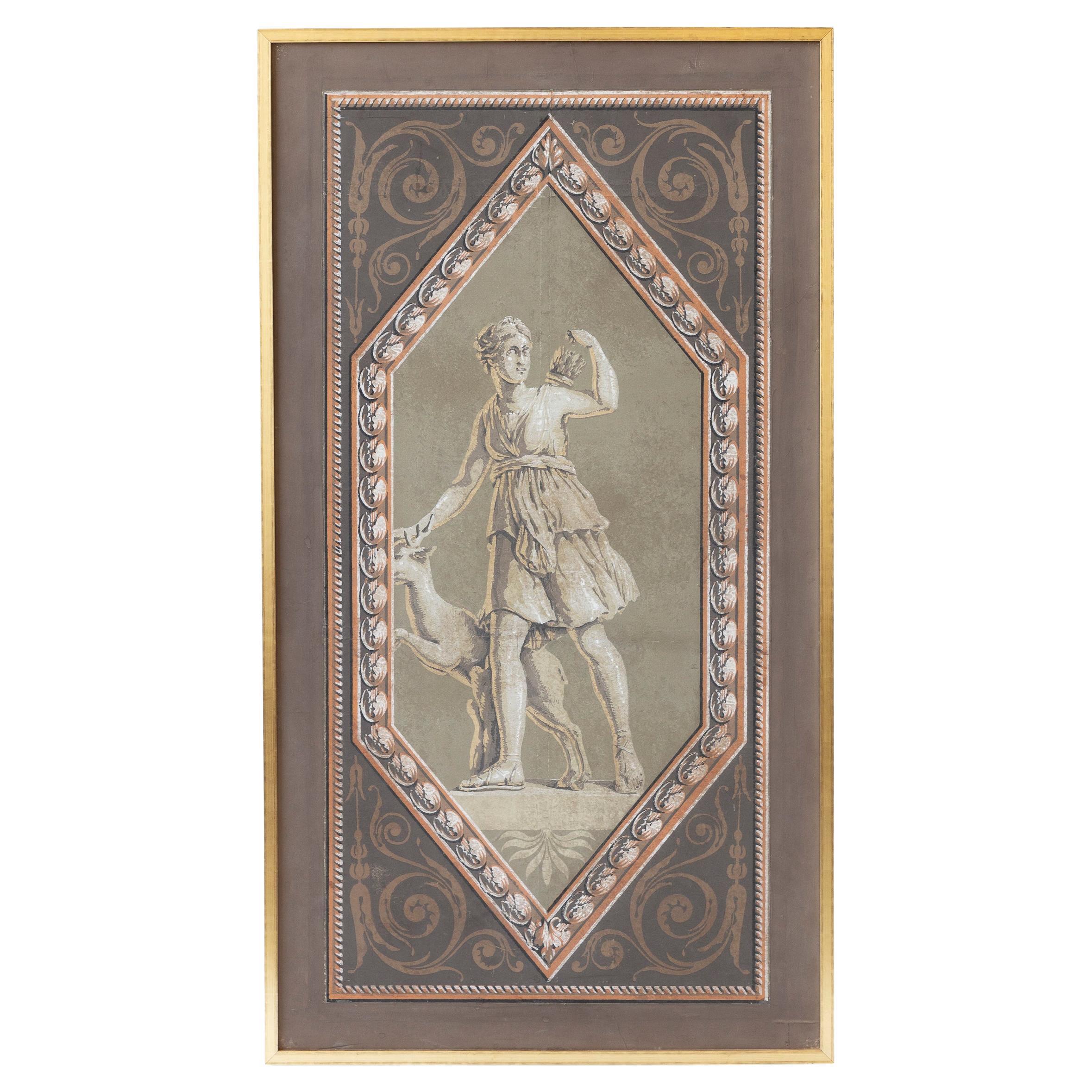 Panneau de papier peint encadré du début du 19e siècle représentant Artemis, peint à la main en France