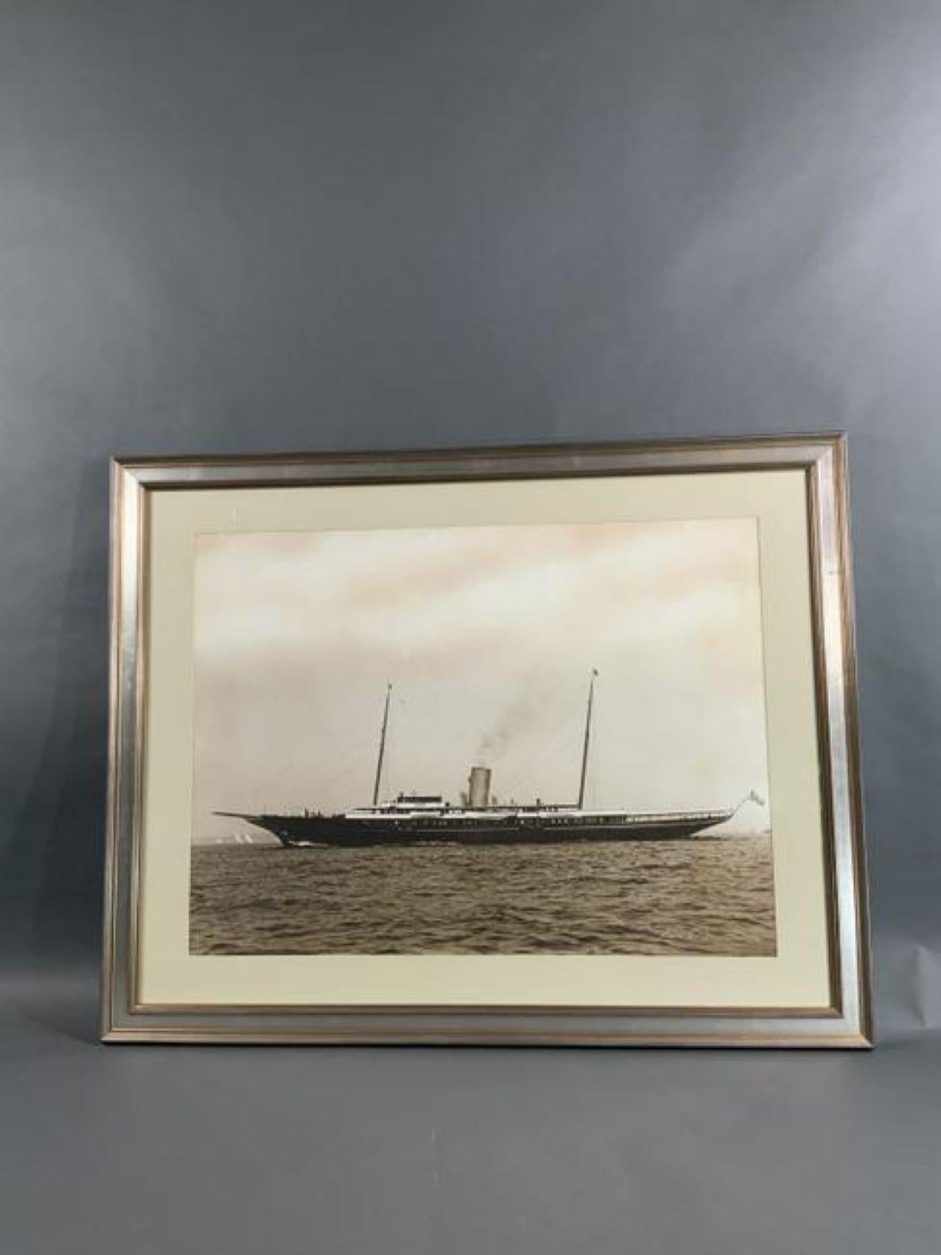 Framed Edwin Levick print of JP Morgan's private yacht Corsair IV. Stunning profile of the vessel which was the flagship of the New York Yacht Club. Matted and framed. Weight is 16 pounds. On Sight Dimensions: 24