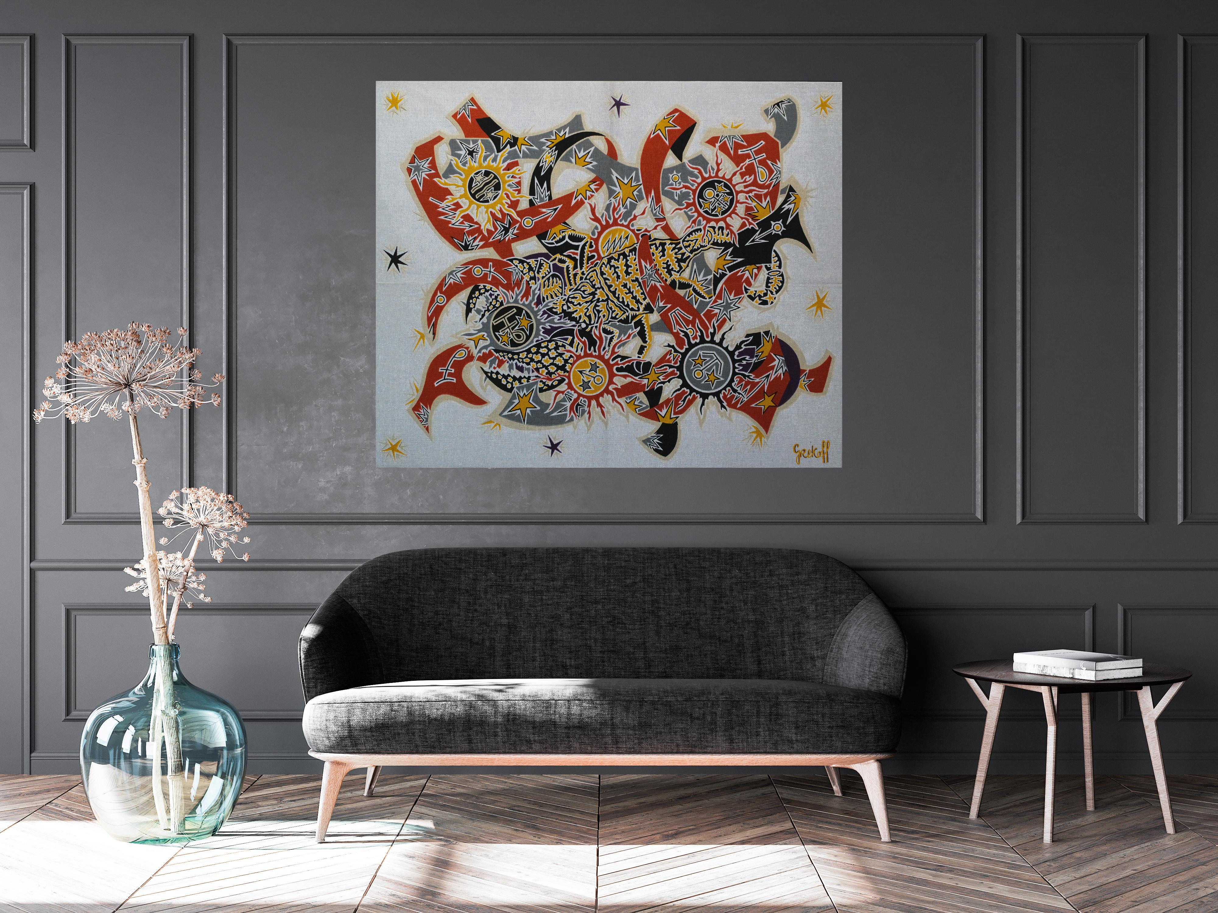 This French hand-printed cartoon tapestry by Elie Grekoff, signed by artist, entitled “Le Scorpion”

Elie Greekoff, who joined early on the academy of Fernand Leger, depicts the scorpio in a chaotic manner, said to have probably been inspired from