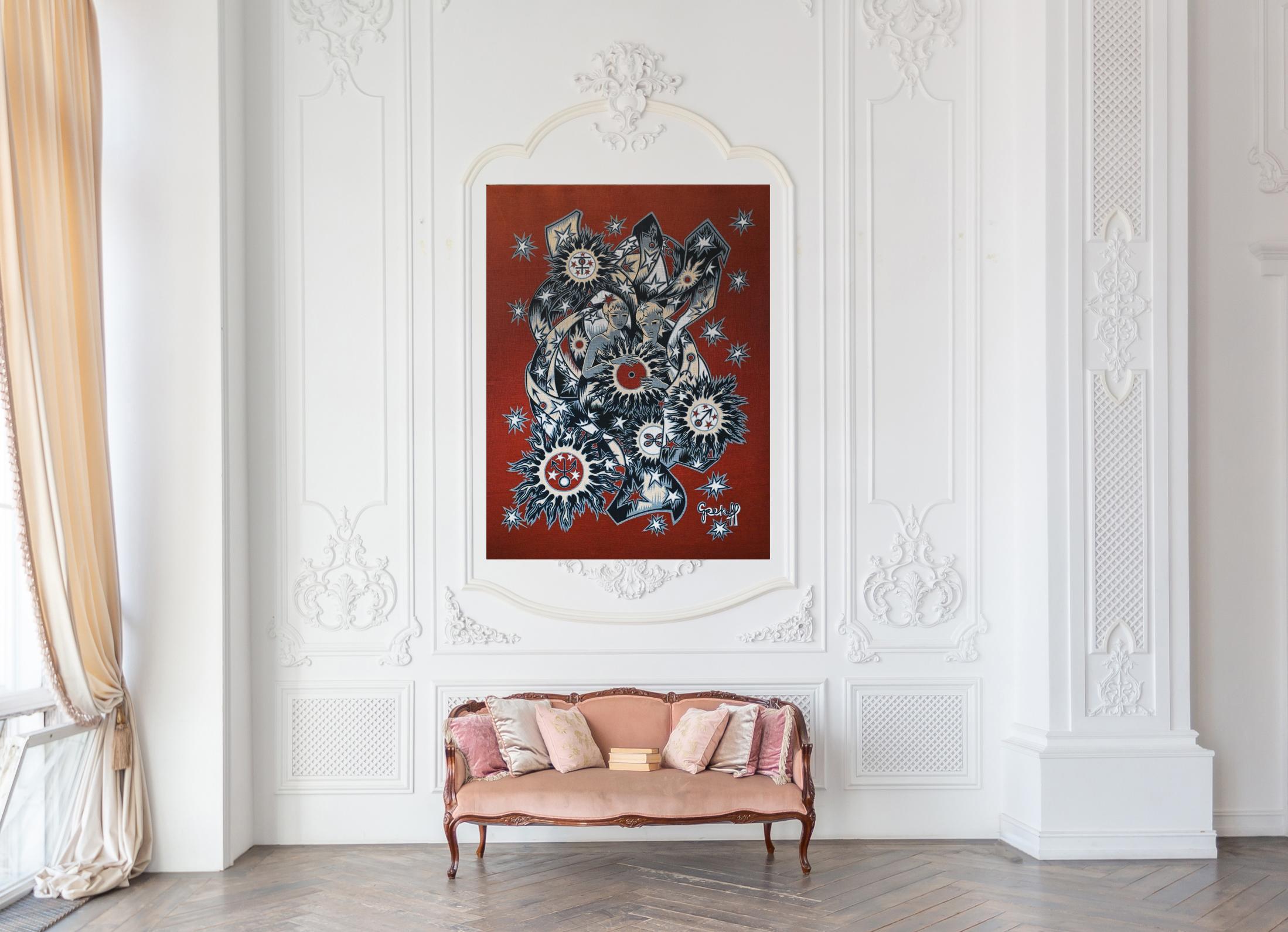 This French hand-printed cartoon tapestry by Elie Grekoff, signed, “Les Gemeaux.” Measures: (4.4 x 3.4 ft).

Chaos and control. A found principle in a rare dychomety of interior art. Elie Grekoff depicts the gemini dichotomy with reverence and