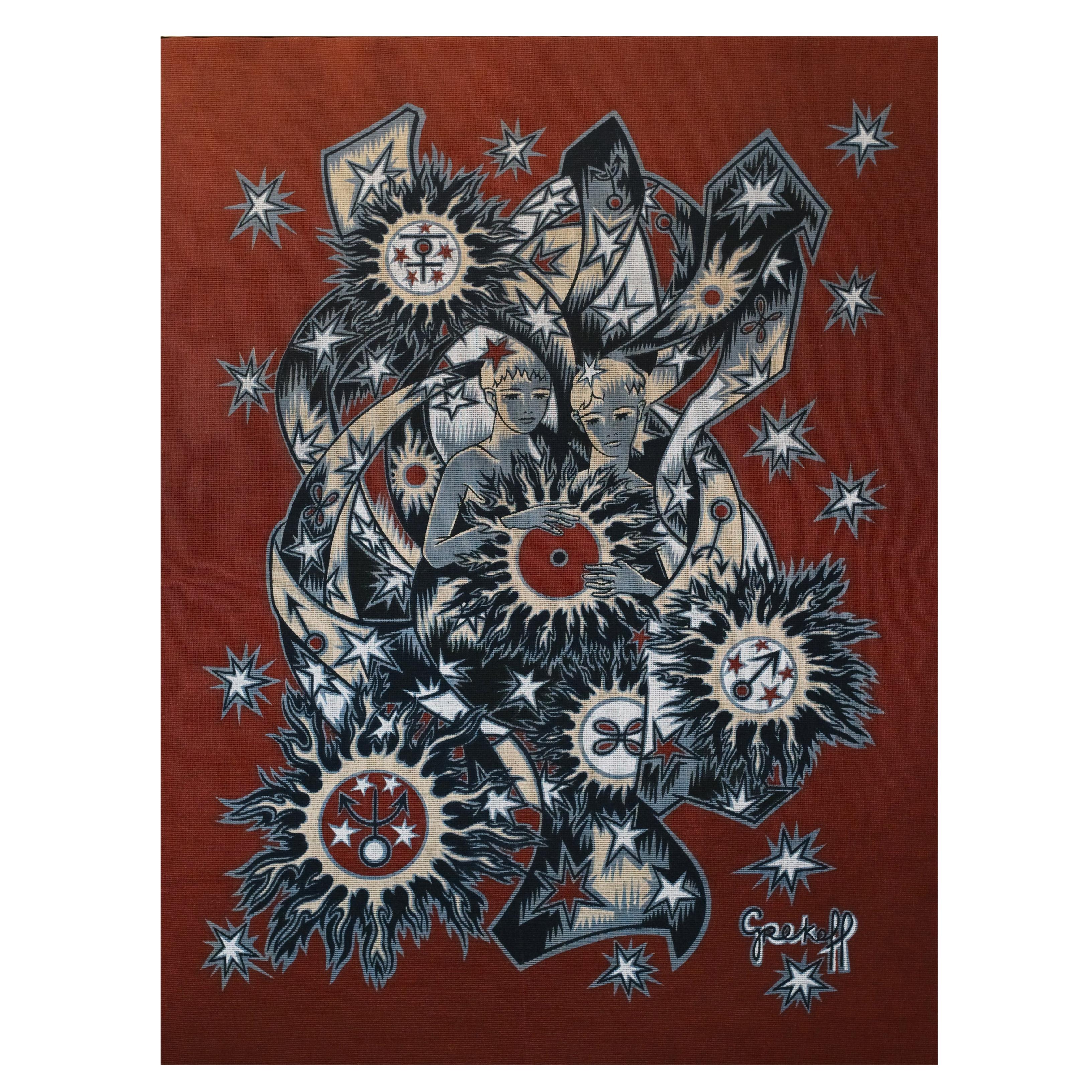 Framed Elie Grekoff Cartoon Tapestry "Les Gemeaux"