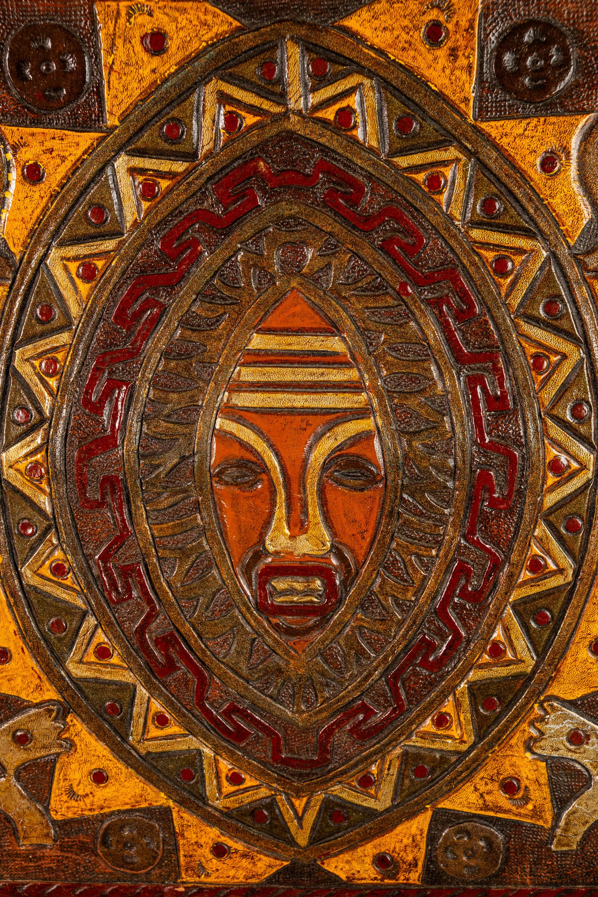 Framed Embossed Leather Pre-Columbian Folk Art by Angel Pazmino, Ecuador, 1960 For Sale 2