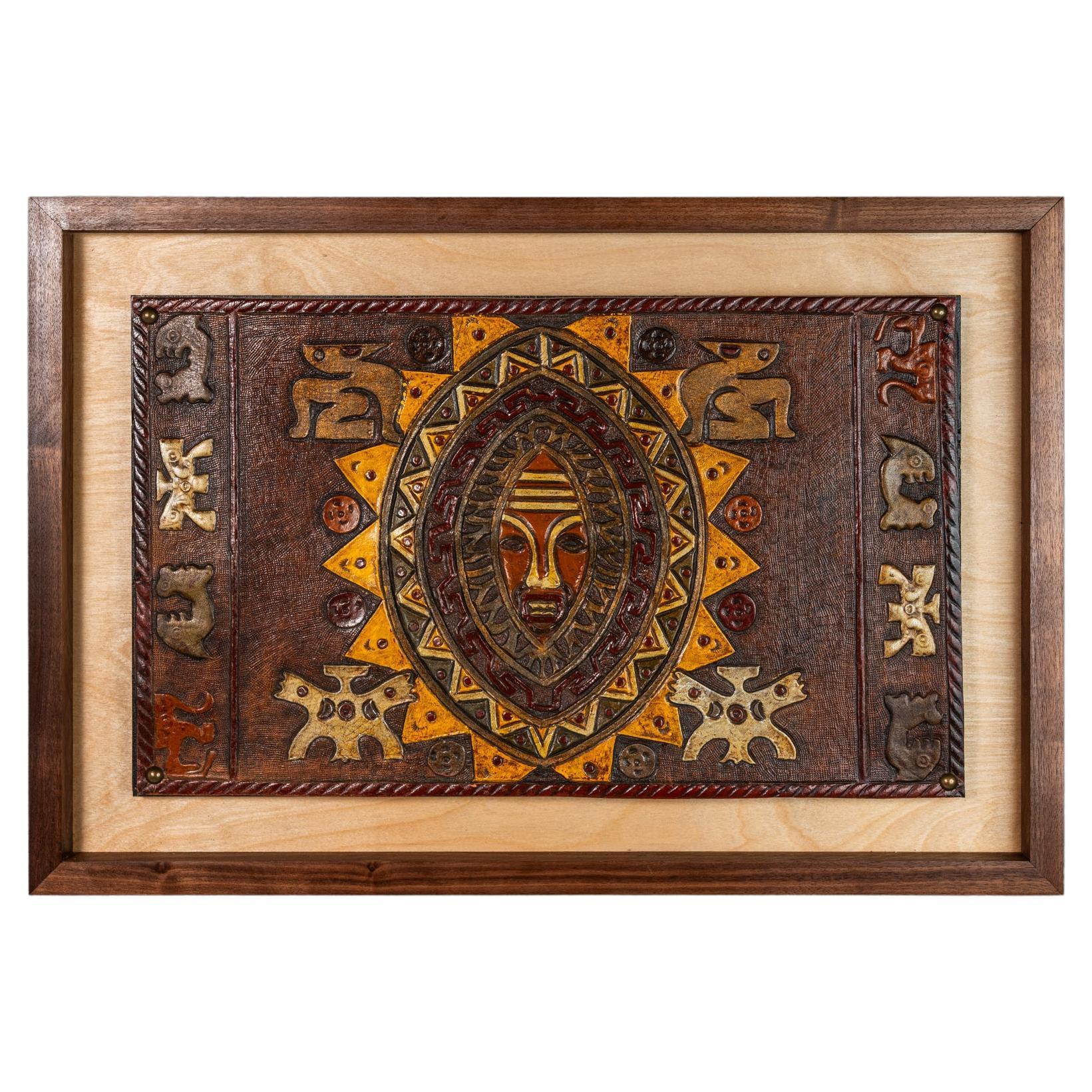 Framed Embossed Leather Pre-Columbian Folk Art by Angel Pazmino, Ecuador, 1960 For Sale