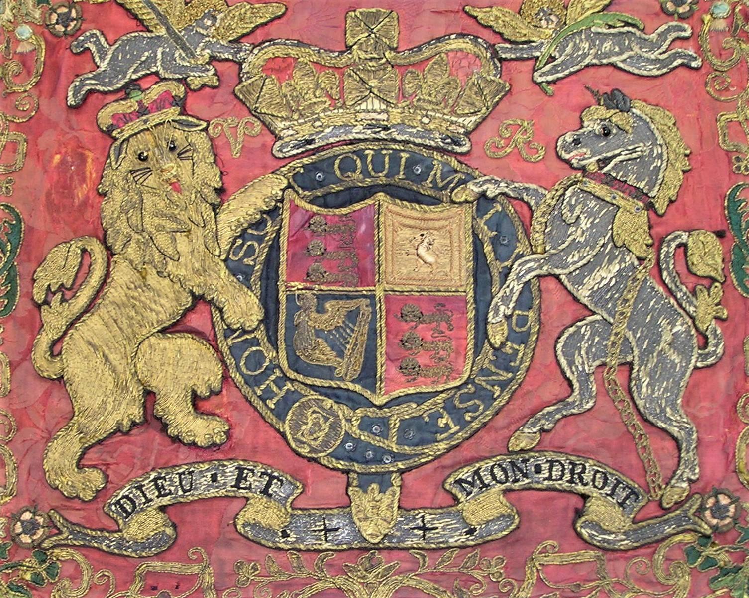 English Framed Embroidered Victorian England Coat of Arms Panel with Gilt Threads