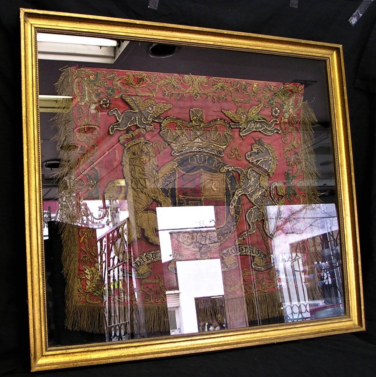 19th Century Framed Embroidered Victorian England Coat of Arms Panel with Gilt Threads