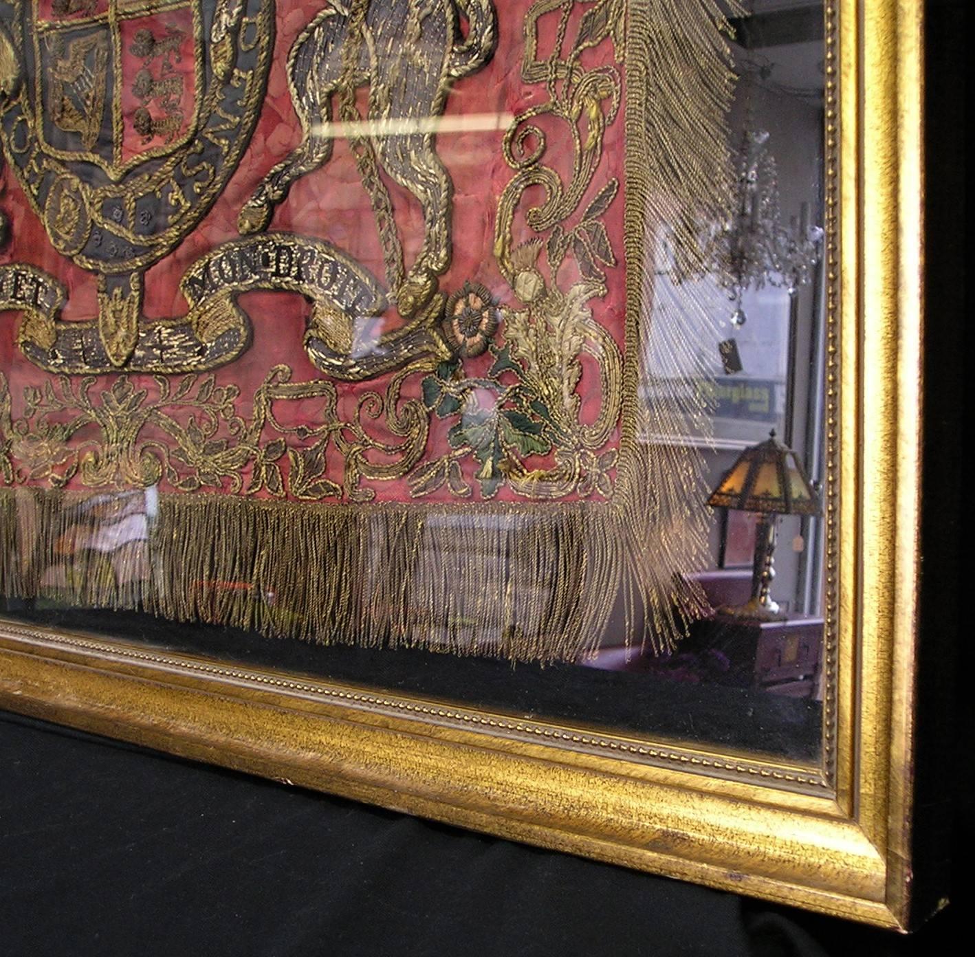 Fabric Framed Embroidered Victorian England Coat of Arms Panel with Gilt Threads