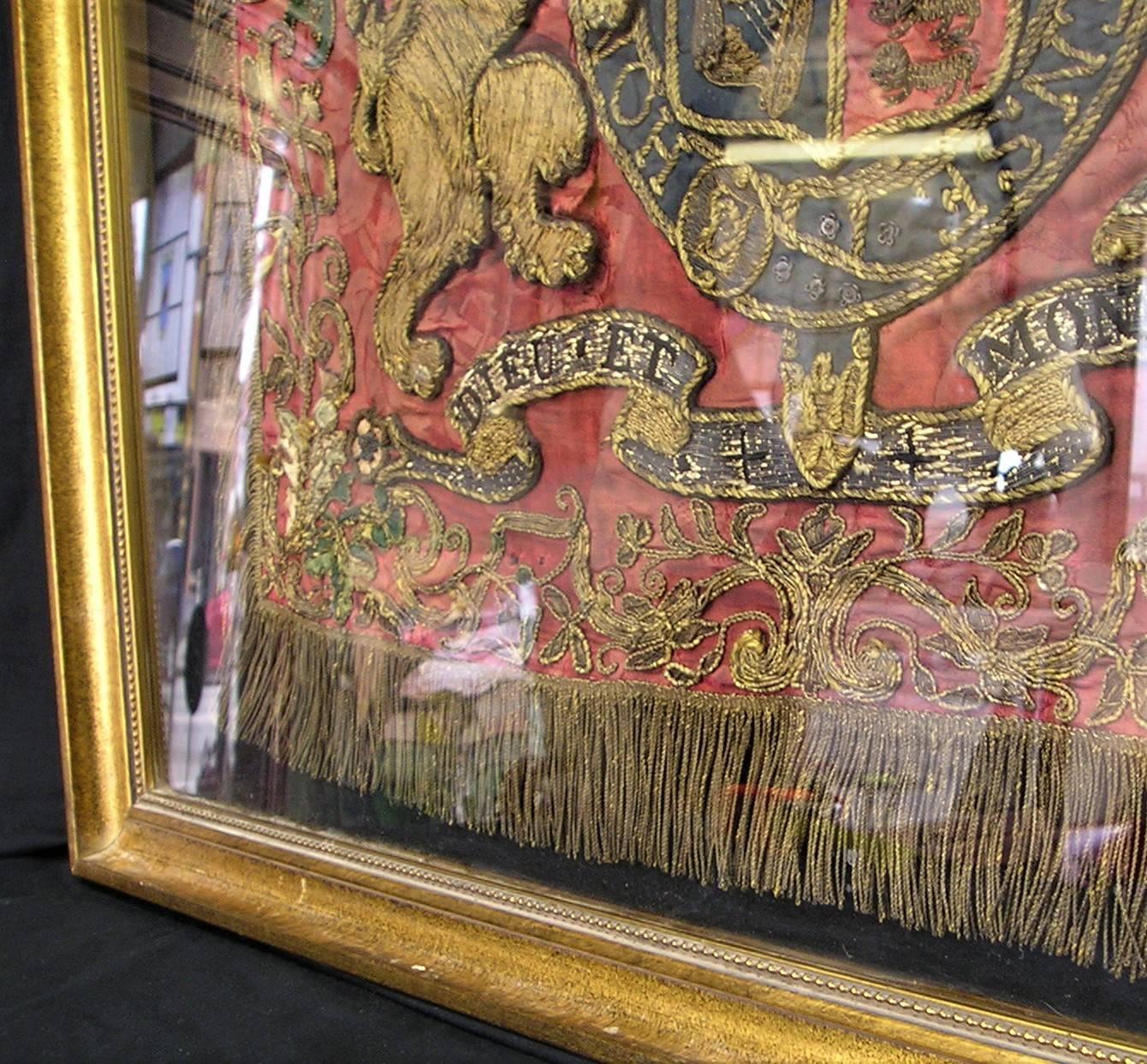 Framed Embroidered Victorian England Coat of Arms Panel with Gilt Threads 1