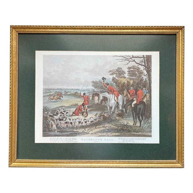A pair of framed equine fox hunting scene lithographs in the manner of Francis Calcraft Turner. This lovely set has been professionally framed and is ready to hang. Each piece is matted and framed in a gilt frame with hanging wires on the back. Each