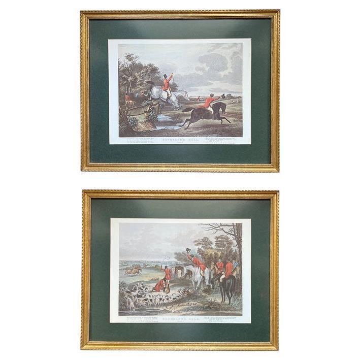 Framed English Bachelor's Hall Fox Hunting on Horseback Prints, Set of 2  For Sale
