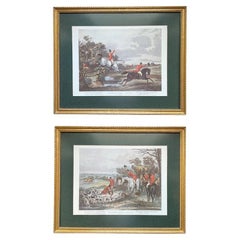 Set de 2 láminas enmarcadas de un soltero inglés de Hall Cazando zorros a caballo 