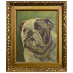 Vintage Framed English Bulldog Painting on Canvas, 1930s