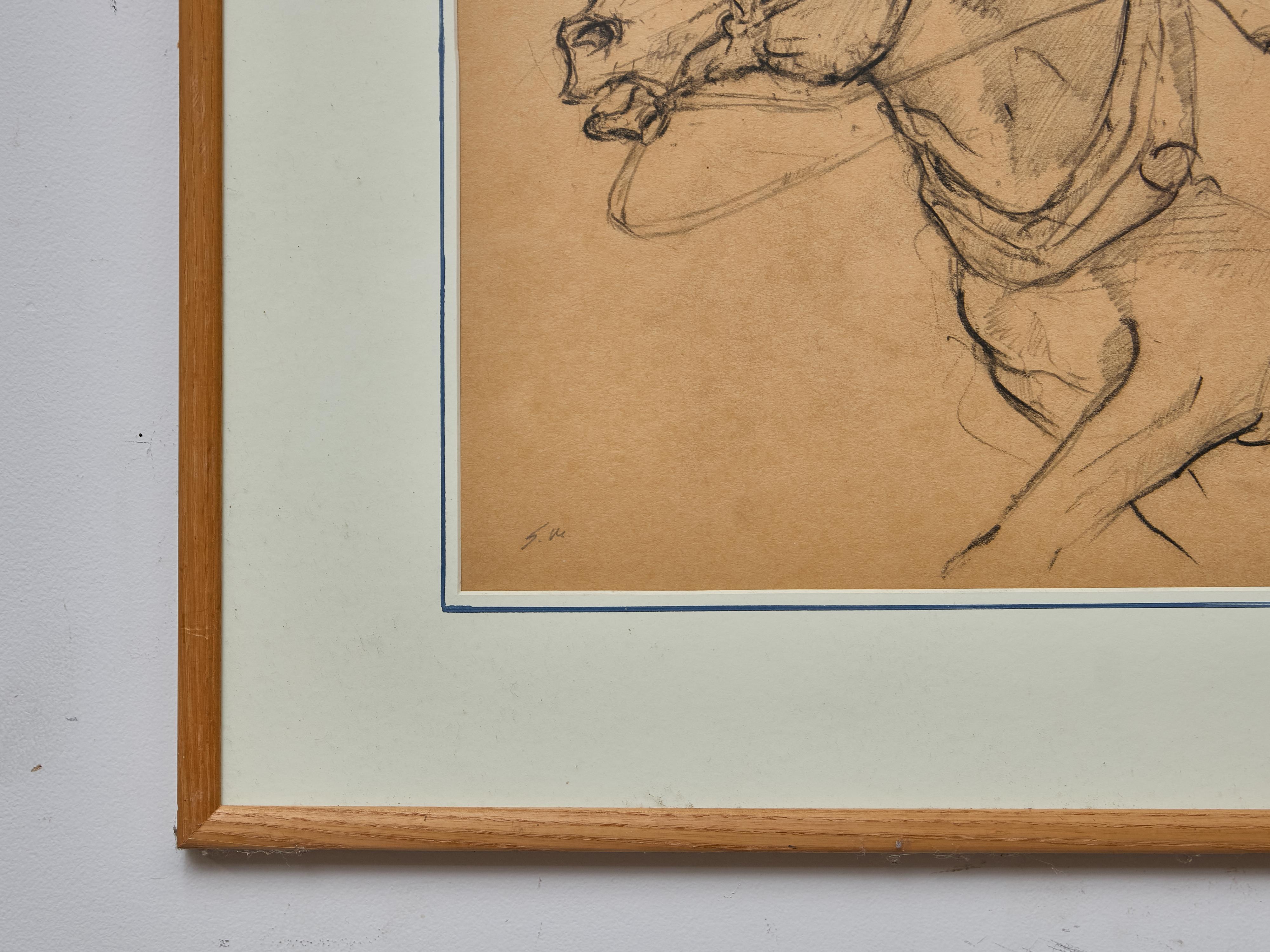 Hand-Painted Framed English Charcoal Horse Study on Toned Paper, Circa 1920 For Sale