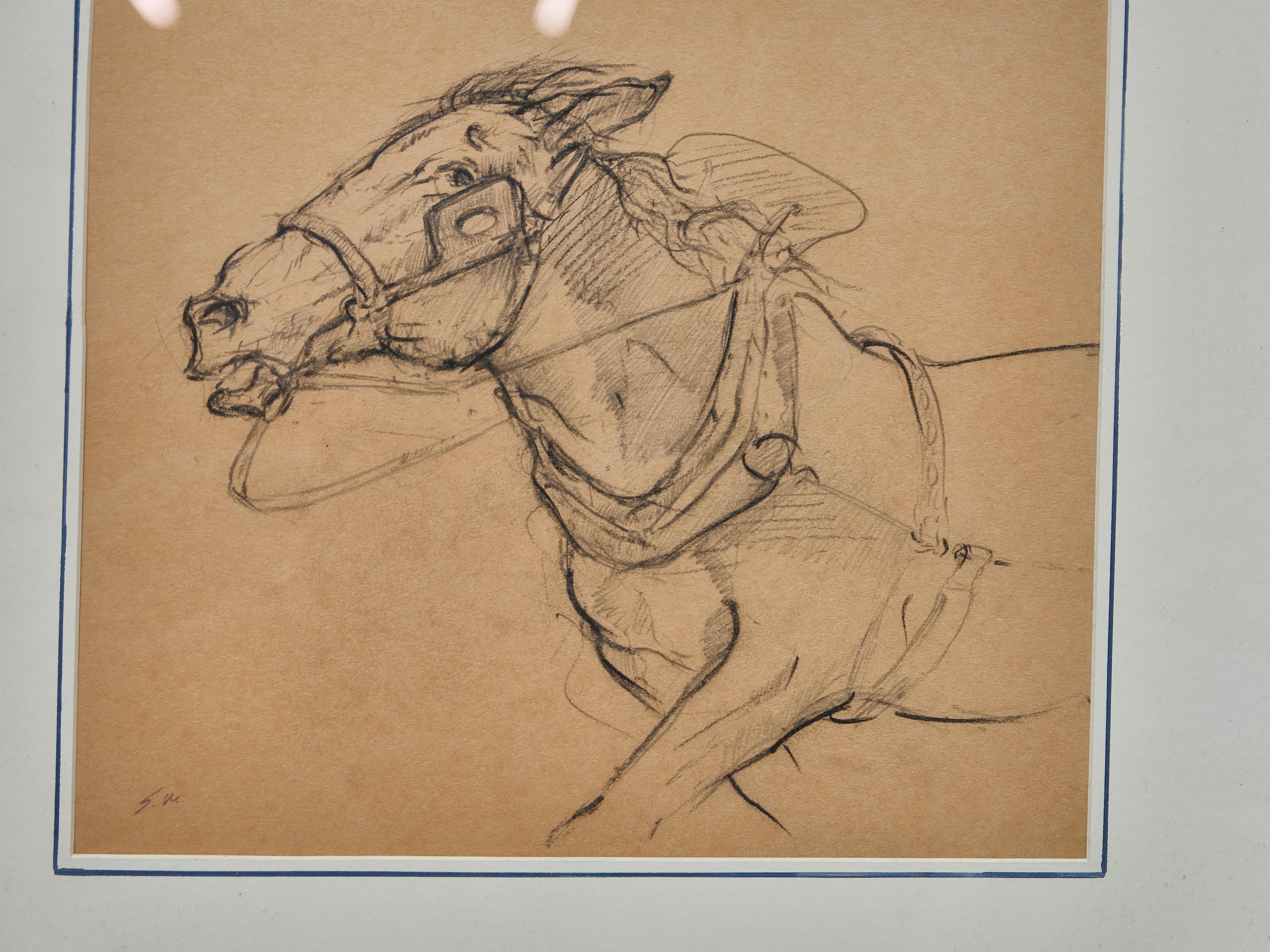 Framed English Charcoal Horse Study on Toned Paper, Circa 1920 For Sale 1